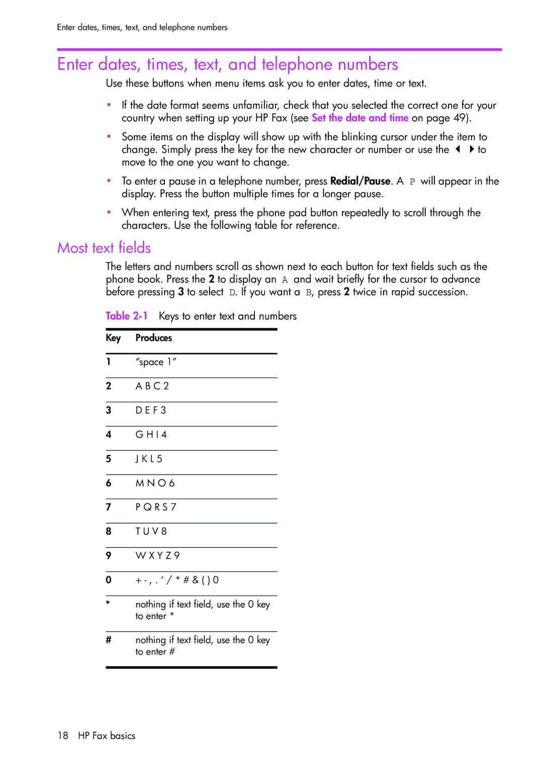 HP 1050 manual Enter dates, times, text, and telephone numbers, Most text fields 