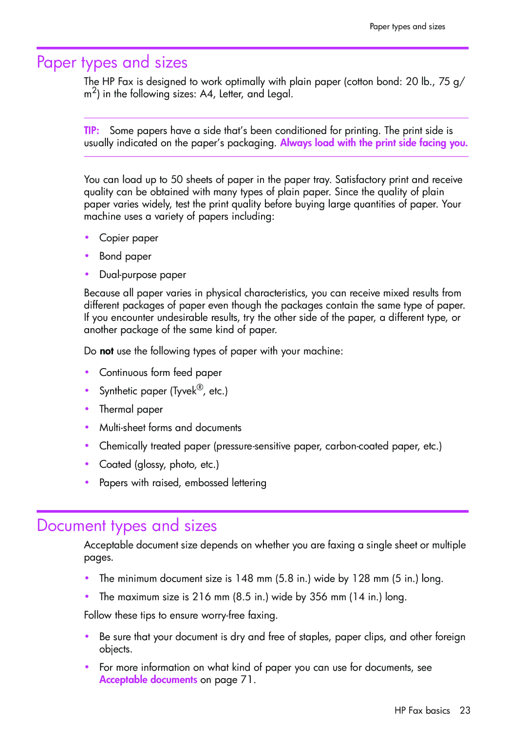 HP 1050 manual Paper types and sizes, Document types and sizes 