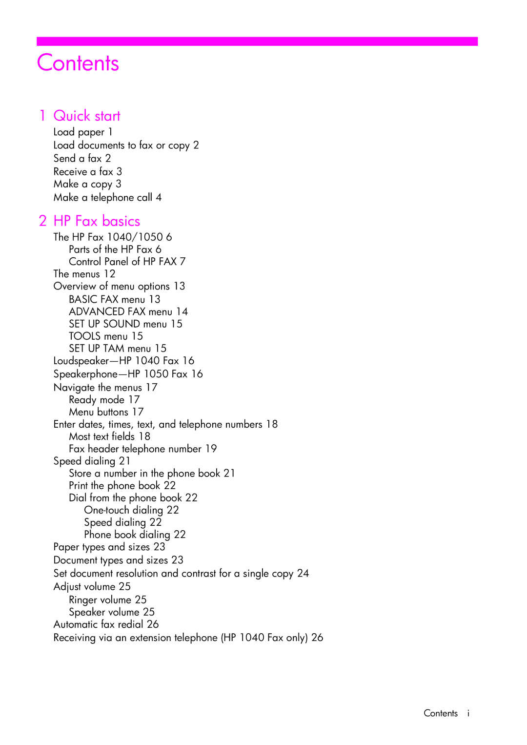 HP 1050 manual Contents 