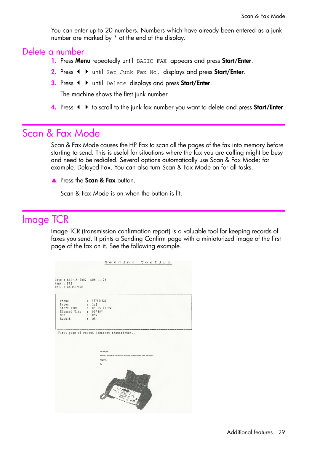 HP 1050 manual Scan & Fax Mode, Image TCR, Delete a number 