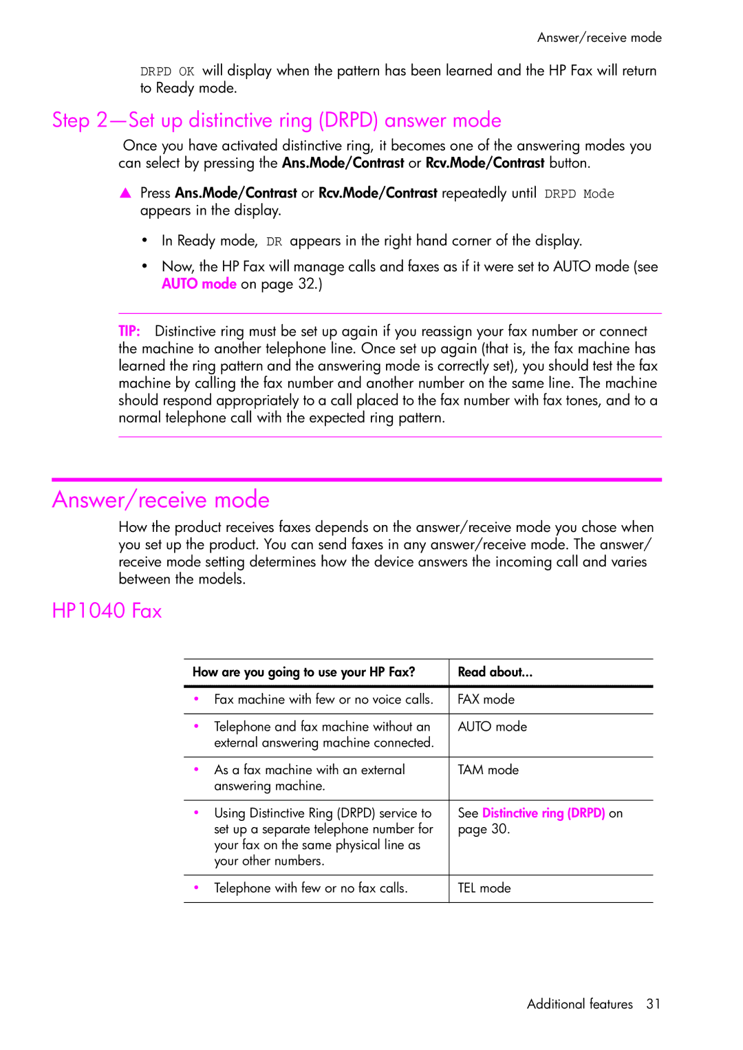 HP 1050 manual Answer/receive mode, Set up distinctive ring Drpd answer mode, HP1040 Fax 