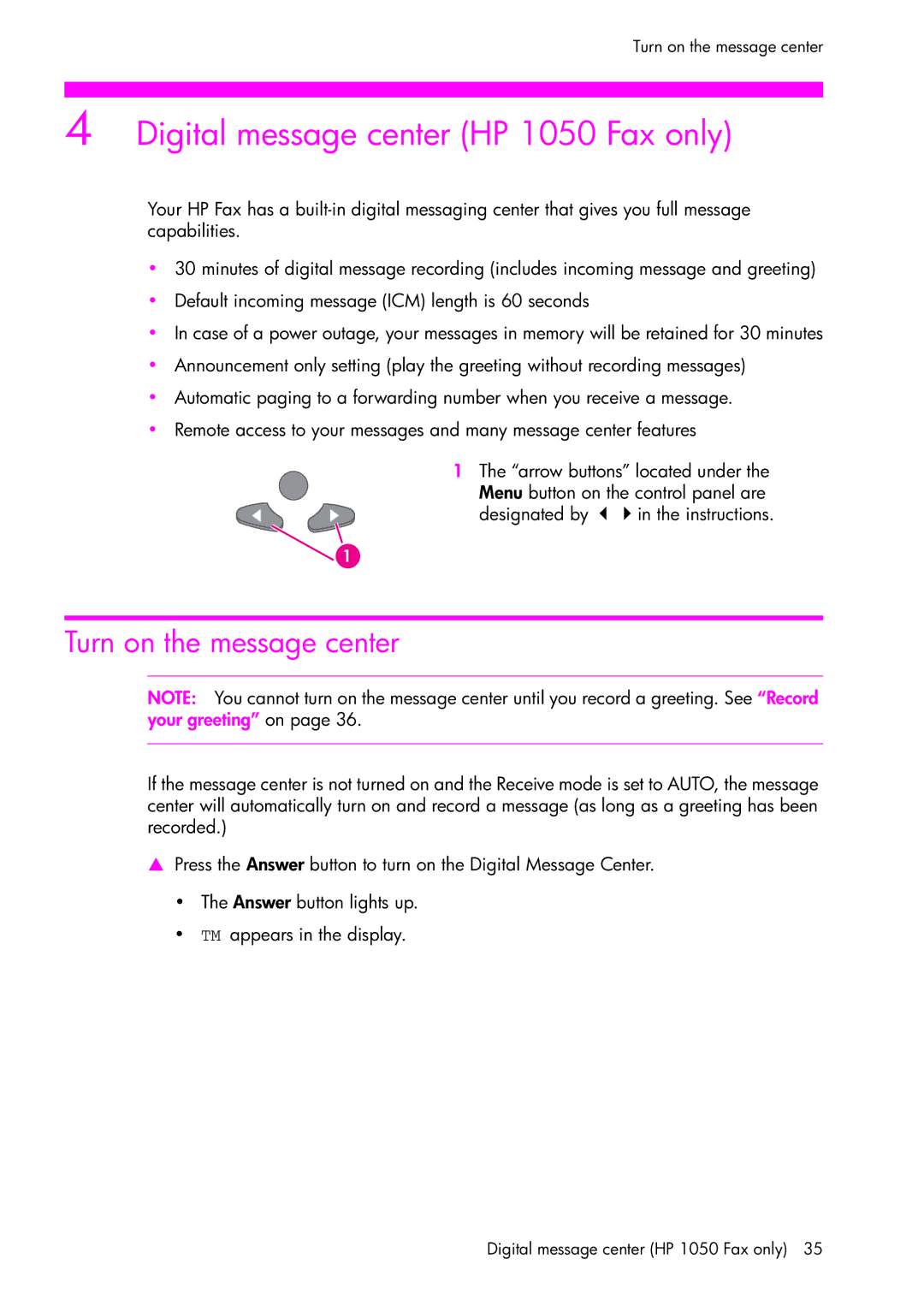 HP manual Digital message center HP 1050 Fax only, Turn on the message center 