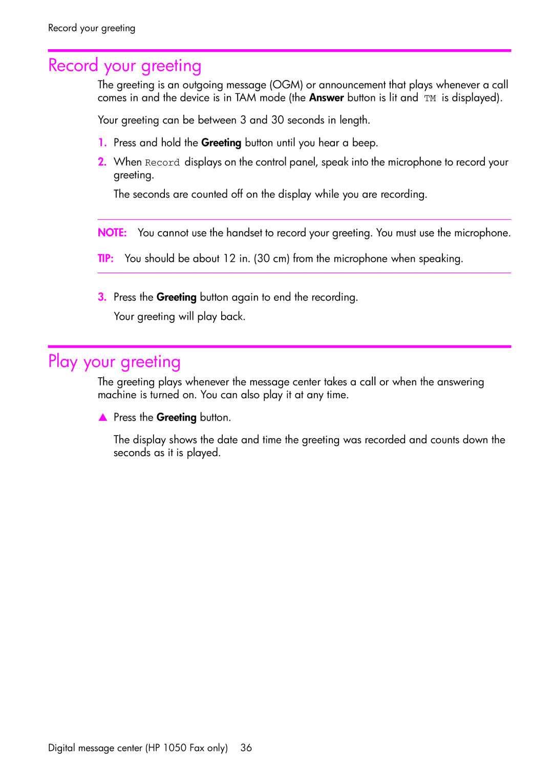 HP 1050 manual Record your greeting, Play your greeting 