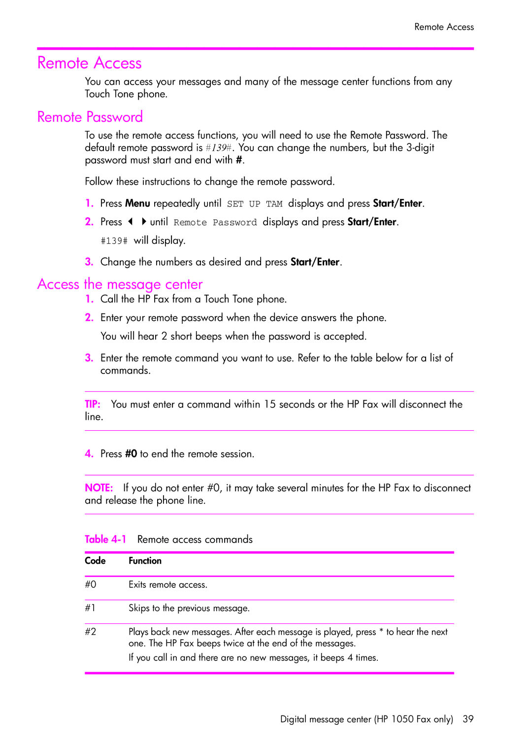 HP 1050 manual Remote Access, Remote Password, Access the message center 
