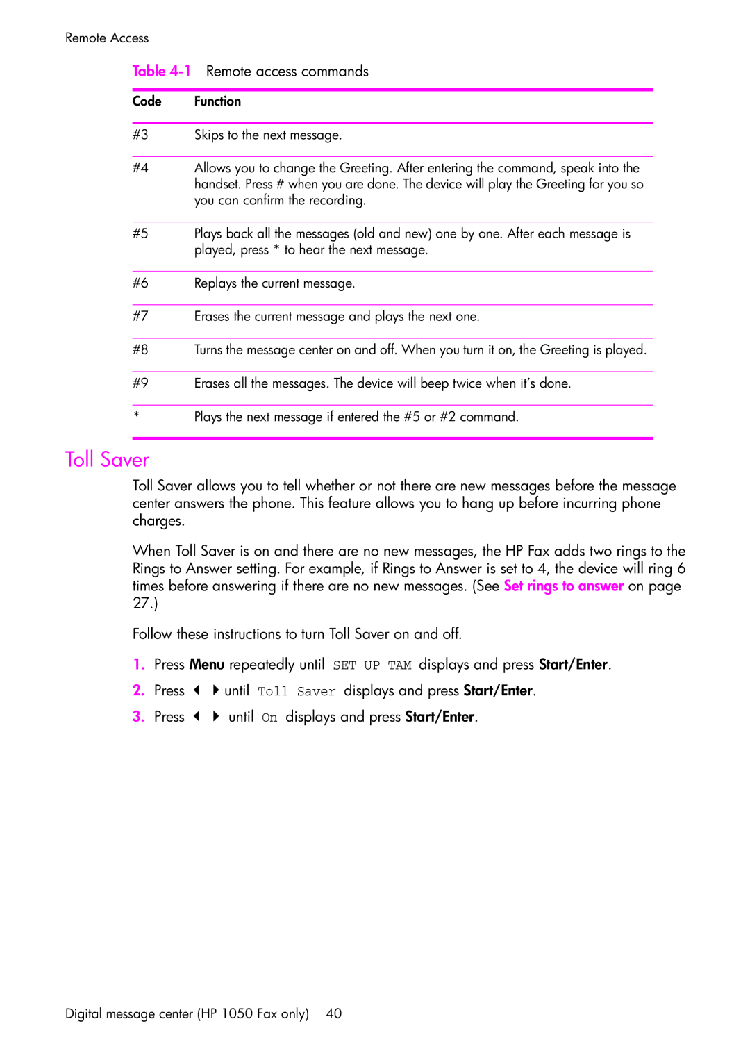 HP 1050 manual Toll Saver 