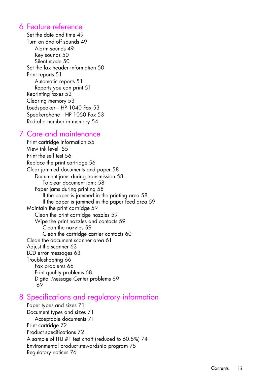 HP 1050 manual Feature reference, Care and maintenance, Specifications and regulatory information 