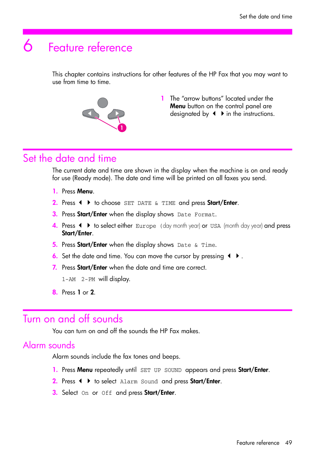 HP 1050 manual Set the date and time, Turn on and off sounds, Alarm sounds 
