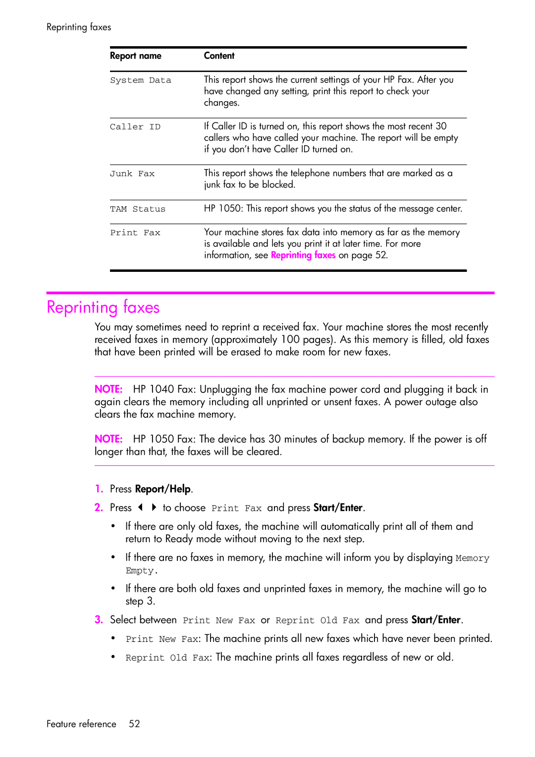 HP 1050 manual Reprinting faxes, System Data, Junk Fax, TAM Status, Print Fax 