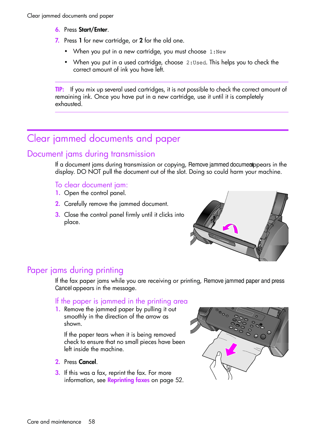 HP 1050 manual Clear jammed documents and paper, Document jams during transmission, Paper jams during printing 