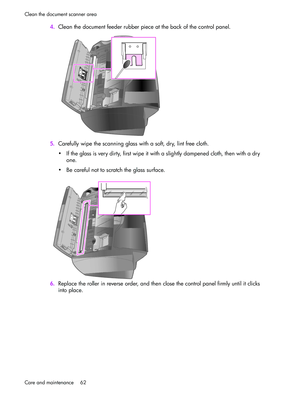 HP 1050 manual Clean the document scanner area 