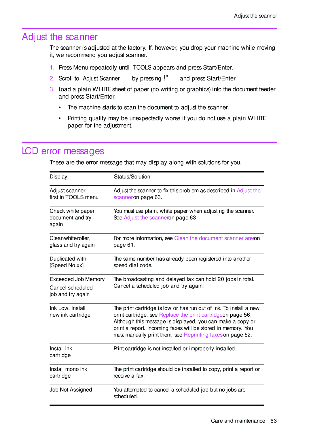 HP 1050 manual Adjust the scanner, LCD error messages 