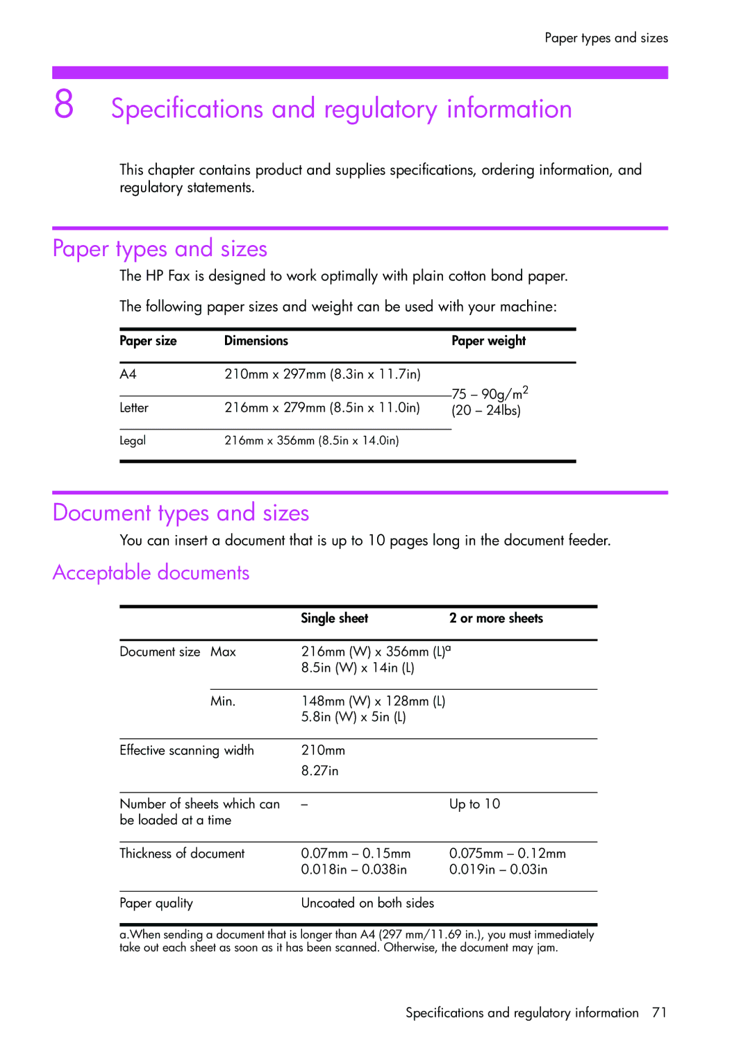 HP 1050 manual Specifications and regulatory information, Acceptable documents 