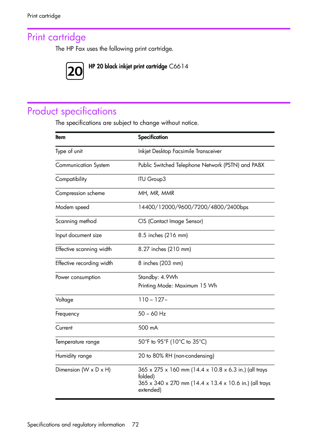 HP 1050 manual Print cartridge, Product specifications 