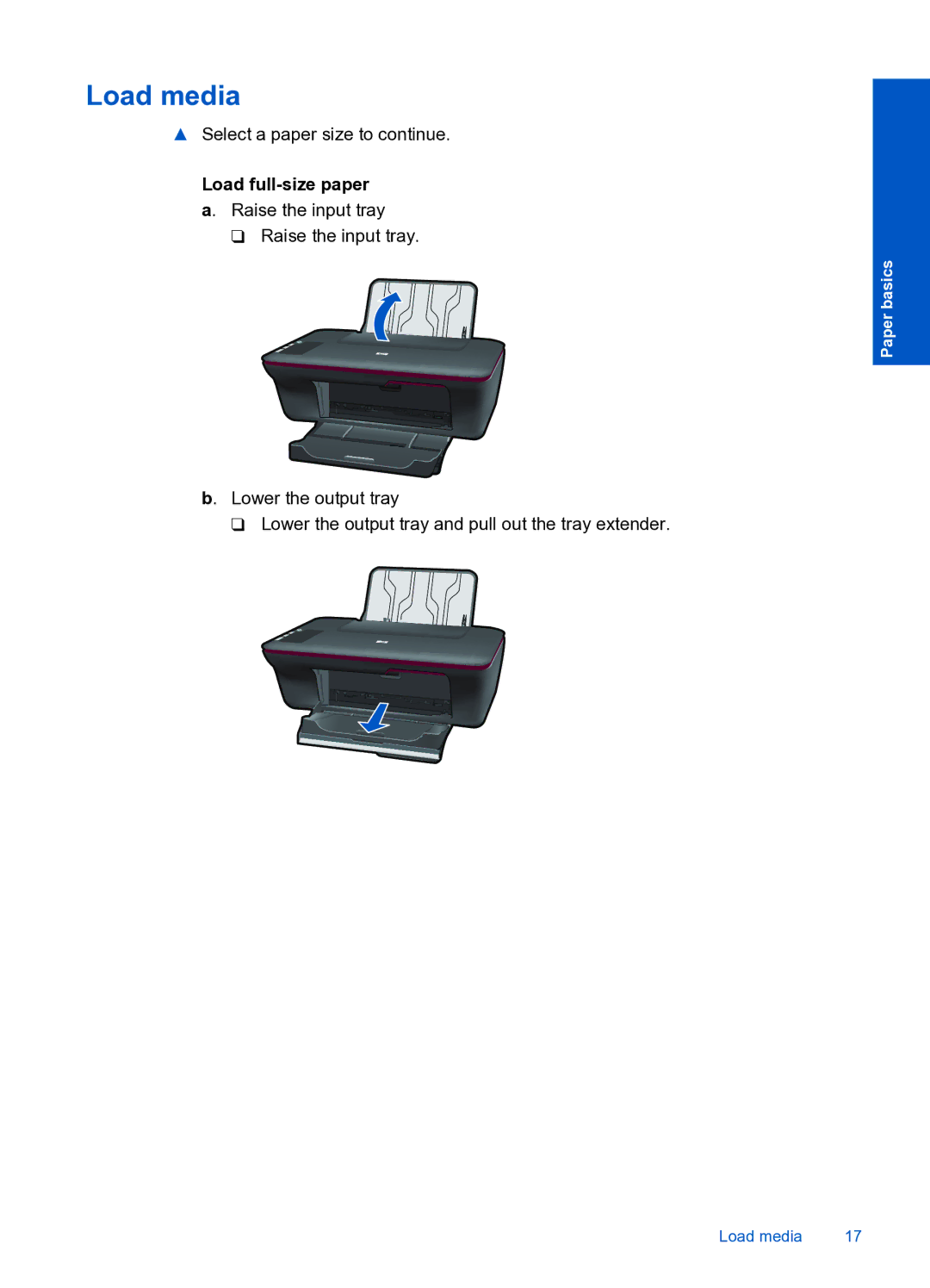 HP 1050 manual Load media, Load full-size paper a. Raise the input tray 