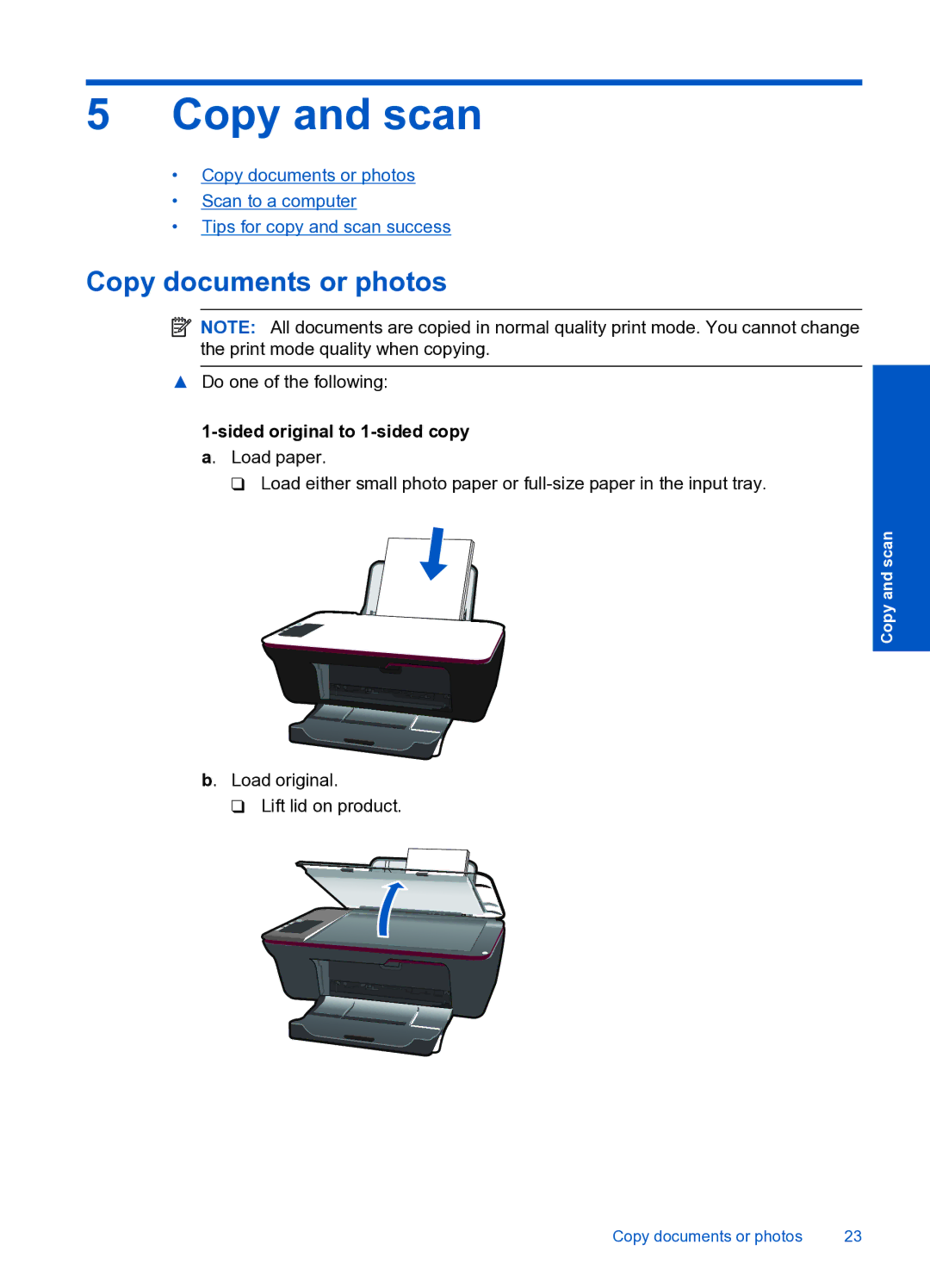 HP 1050 manual Copy and scan, Copy documents or photos, Sided original to 1-sided copy a. Load paper 