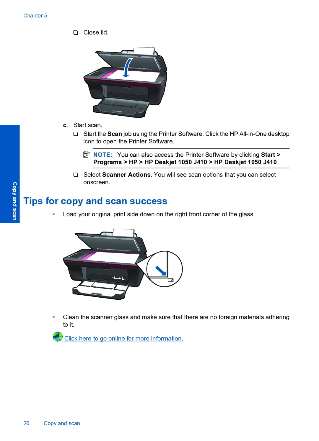 HP manual Tips for copy and scan success, Programs HP HP Deskjet 1050 J410 HP Deskjet 1050 J410 