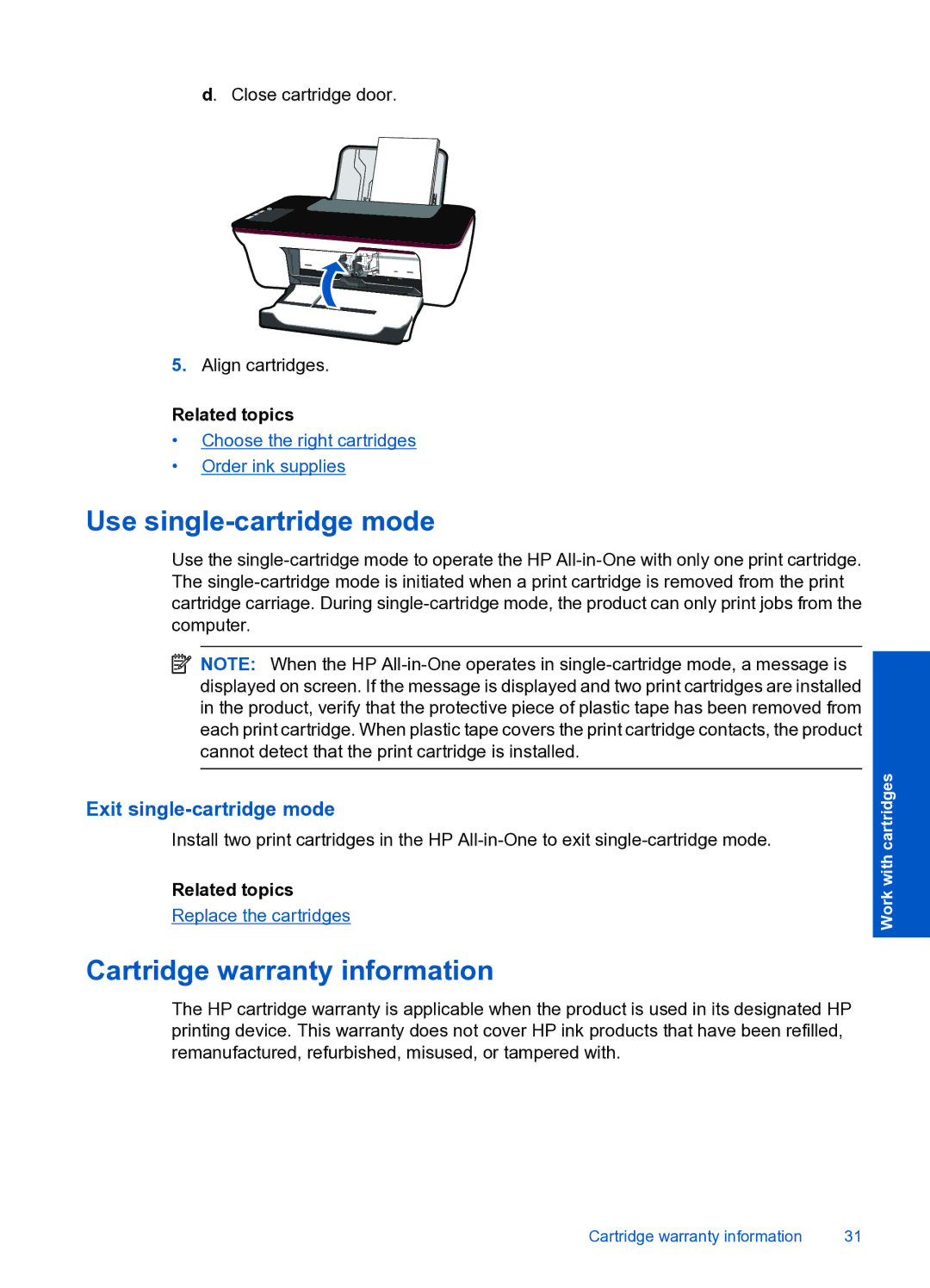 HP 1050 manual Use single-cartridge mode, Cartridge warranty information 