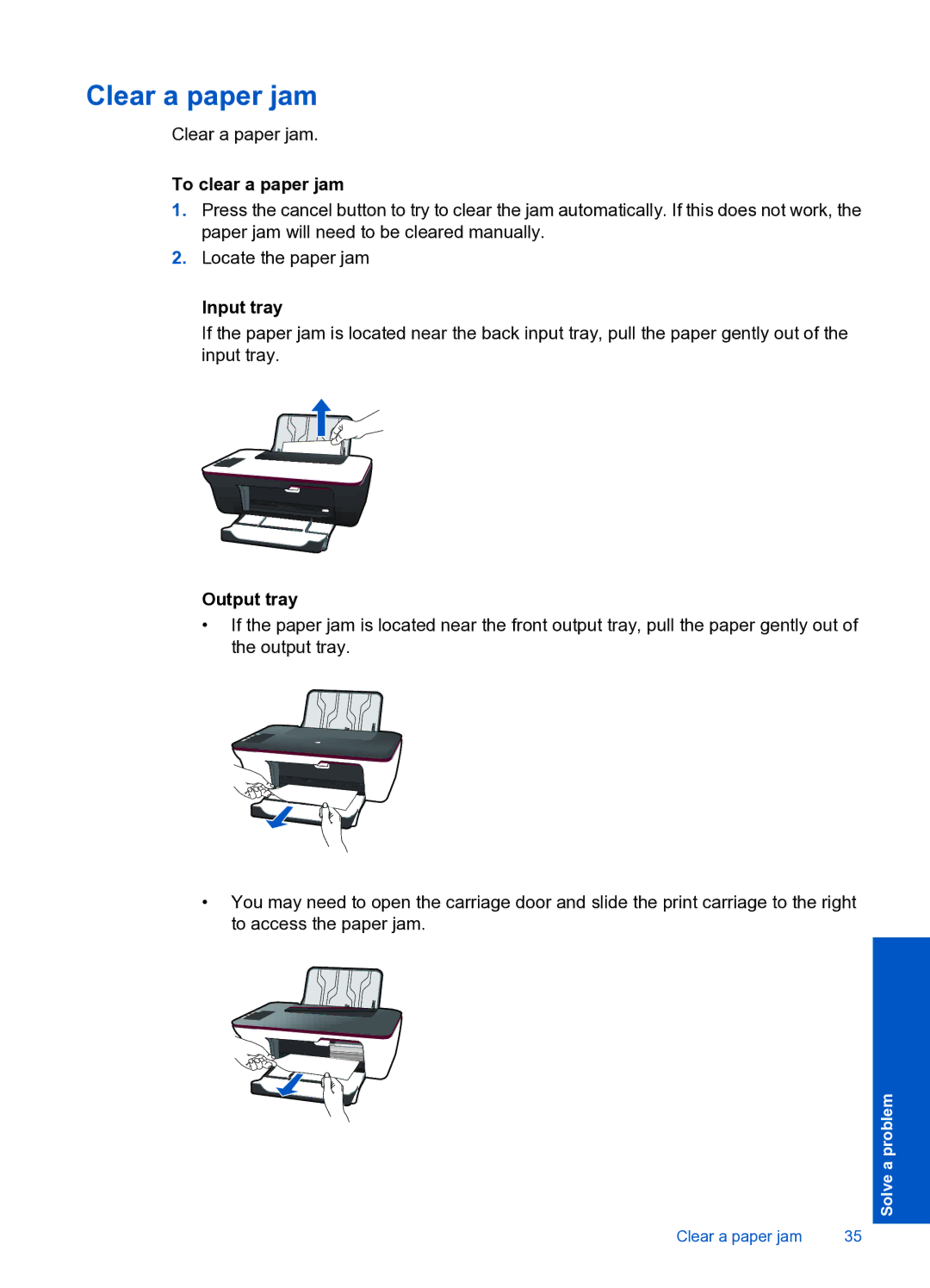 HP 1050 manual Clear a paper jam, To clear a paper jam, Input tray, Output tray 