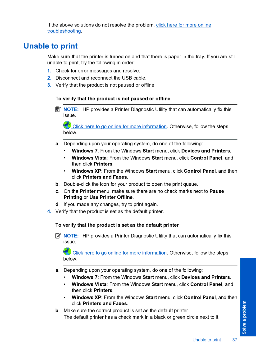 HP 1050 manual Unable to print, To verify that the product is not paused or offline 