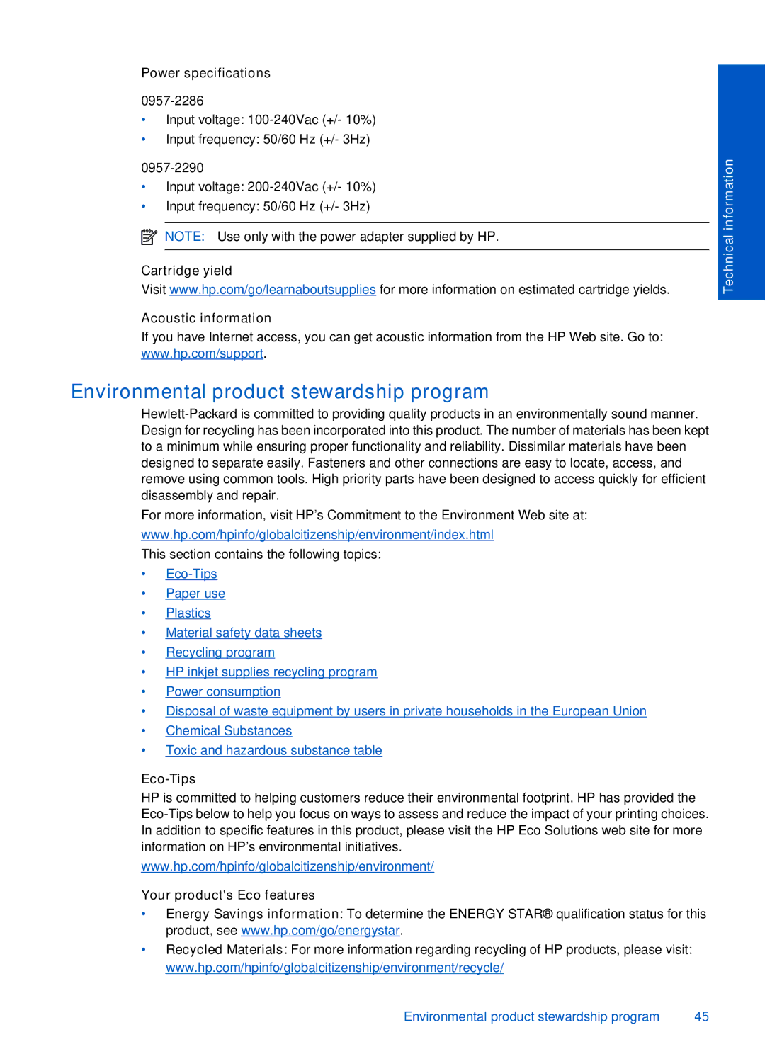 HP 1050 manual Environmental product stewardship program 