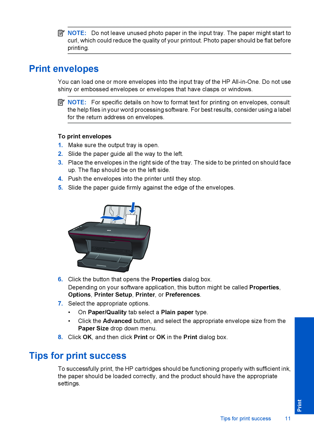 HP 1050 - J410a, 1051, 1056 - J410a, 1055 - J410e manual Print envelopes, Tips for print success, To print envelopes 
