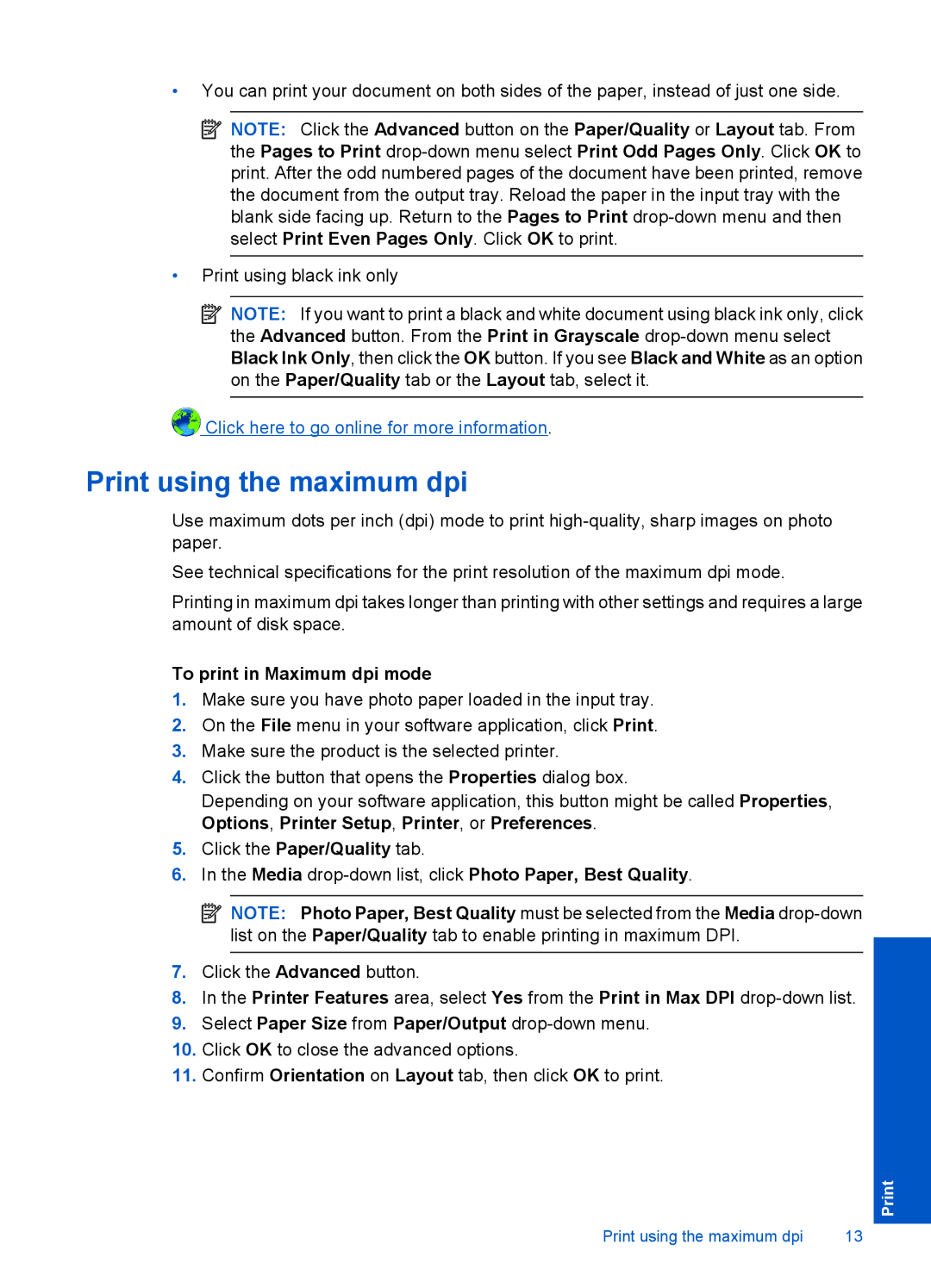 HP 1055 - J410e Print using the maximum dpi, Click here to go online for more information, To print in Maximum dpi mode 