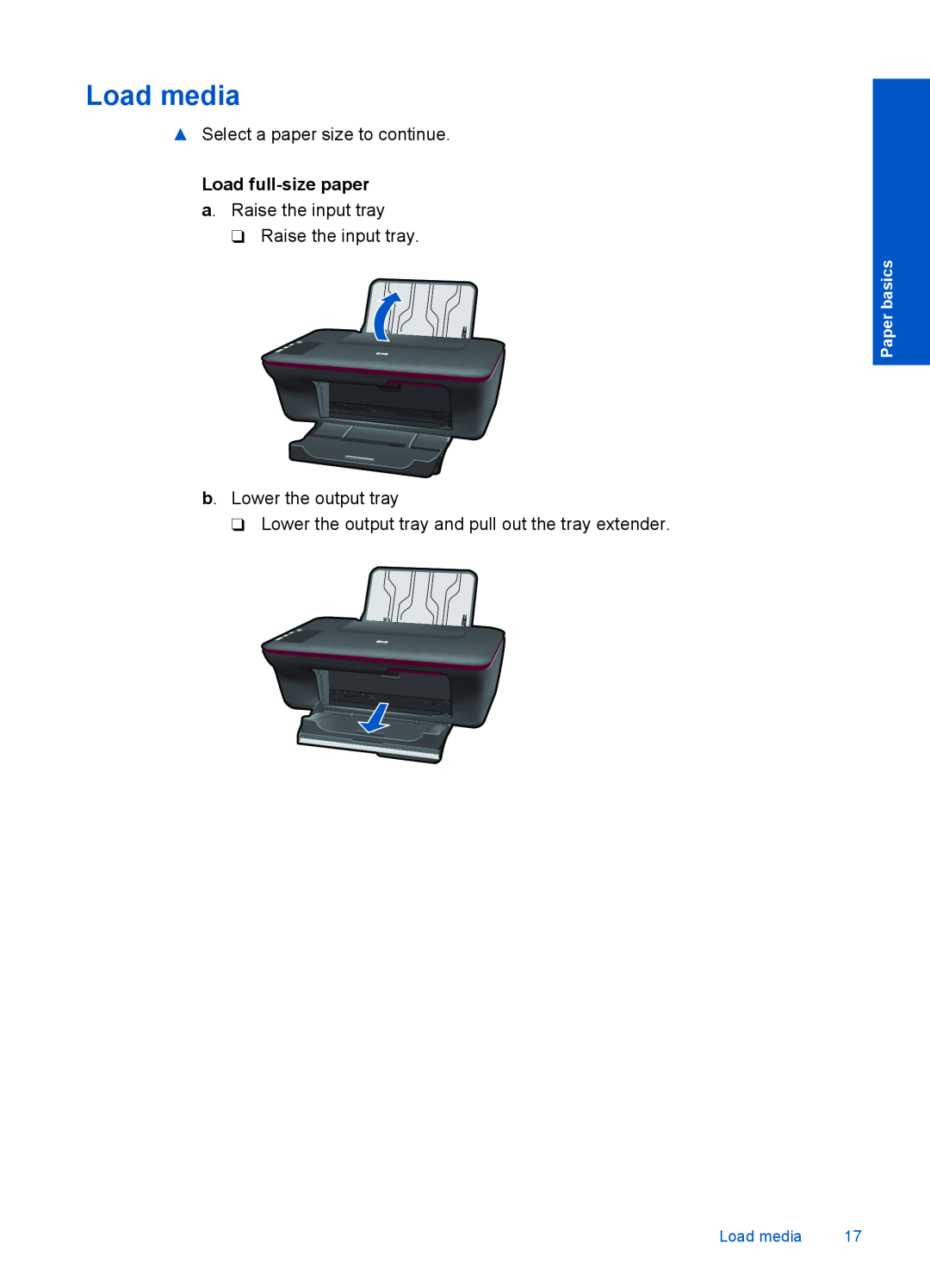HP 1055 - J410e, 1051, 1050 - J410a, 1056 - J410a Load media, Load full-size paper a. Raise the input tray, Paper basics 