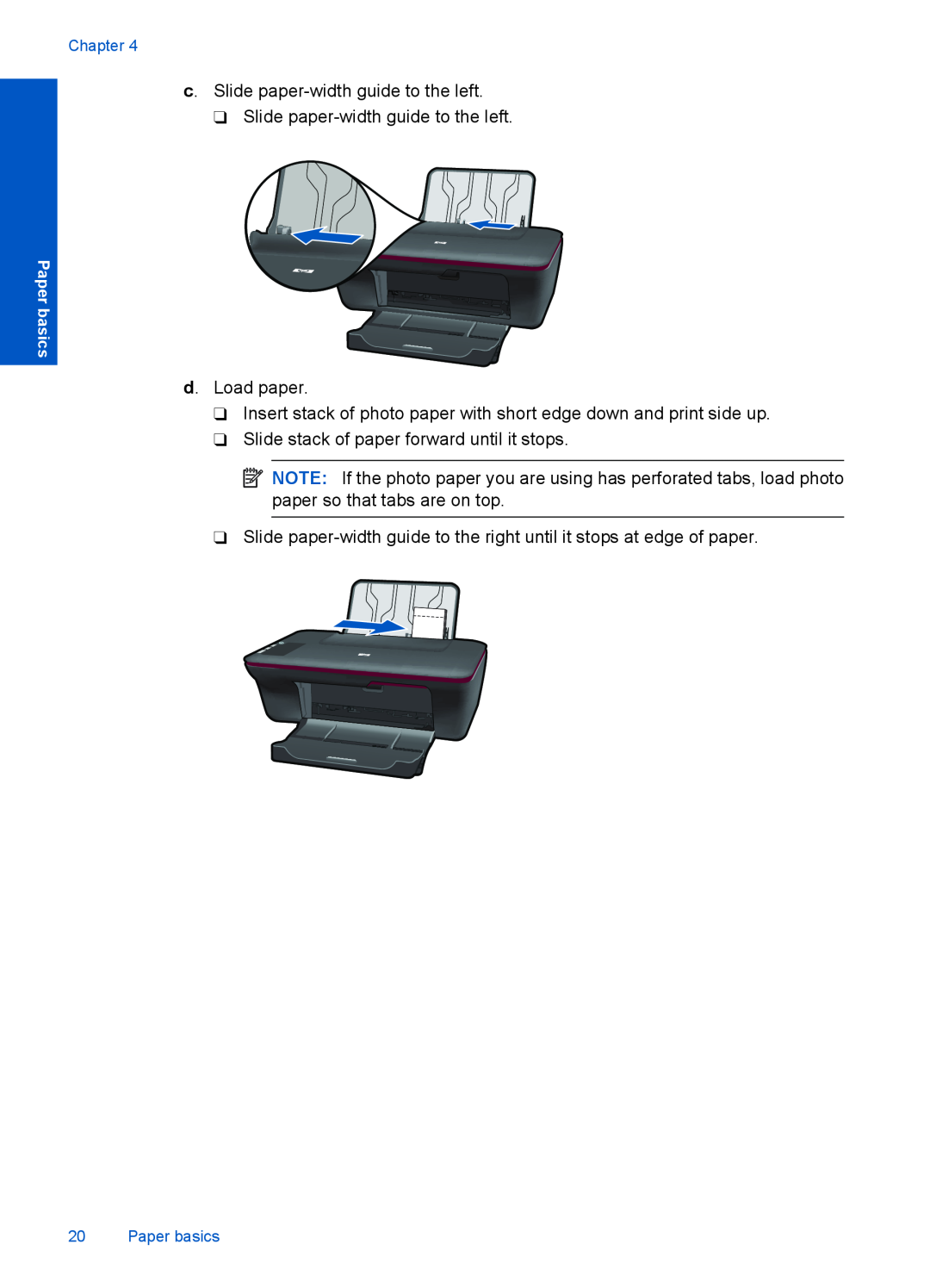 HP 1056 - J410a, 1051 c. Slide paper-width guide to the left, d. Load paper, Slide stack of paper forward until it stops 