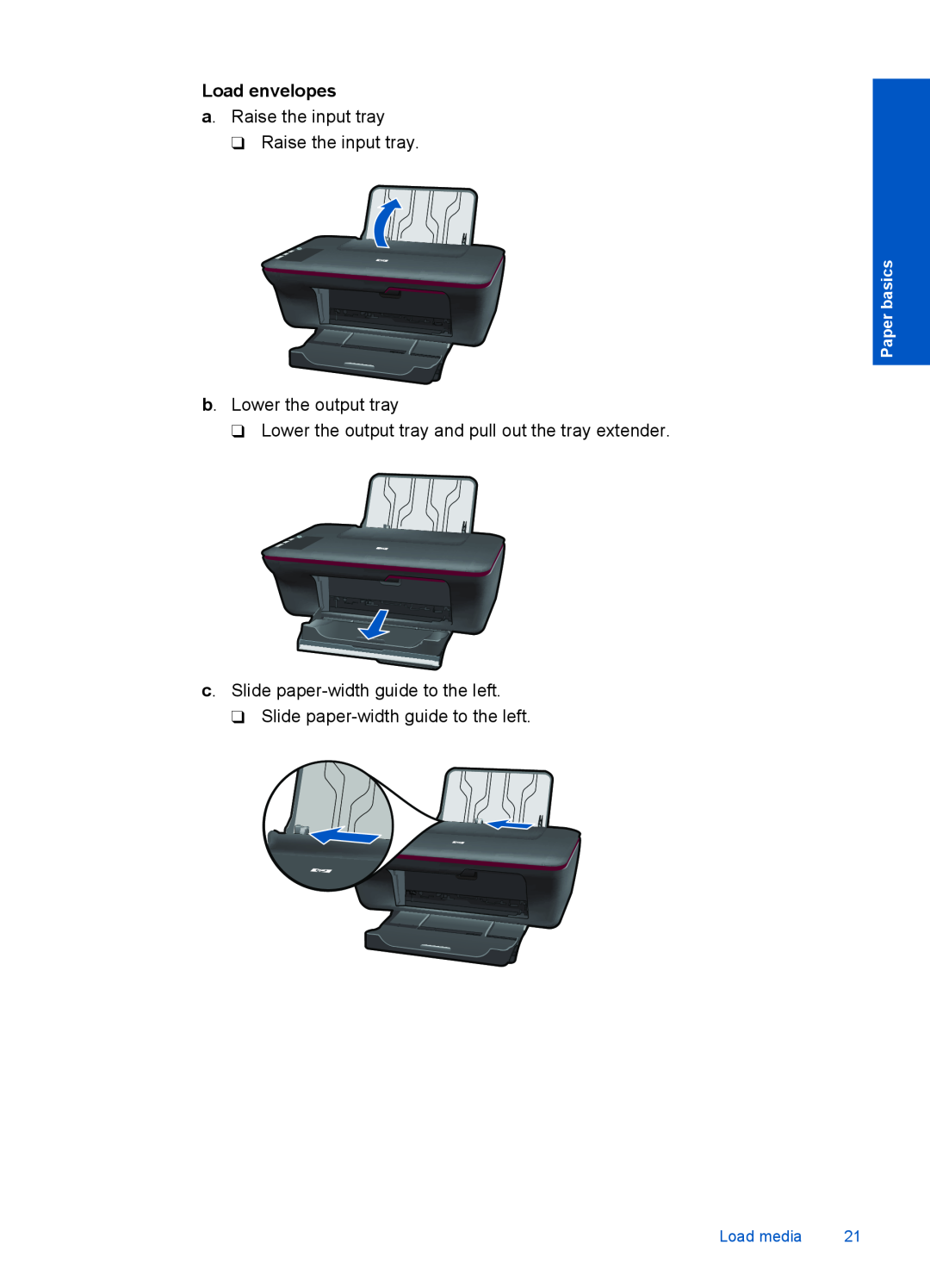 HP 1055 - J410e, 1051 Load envelopes, a. Raise the input tray Raise the input tray, b. Lower the output tray, Paper basics 