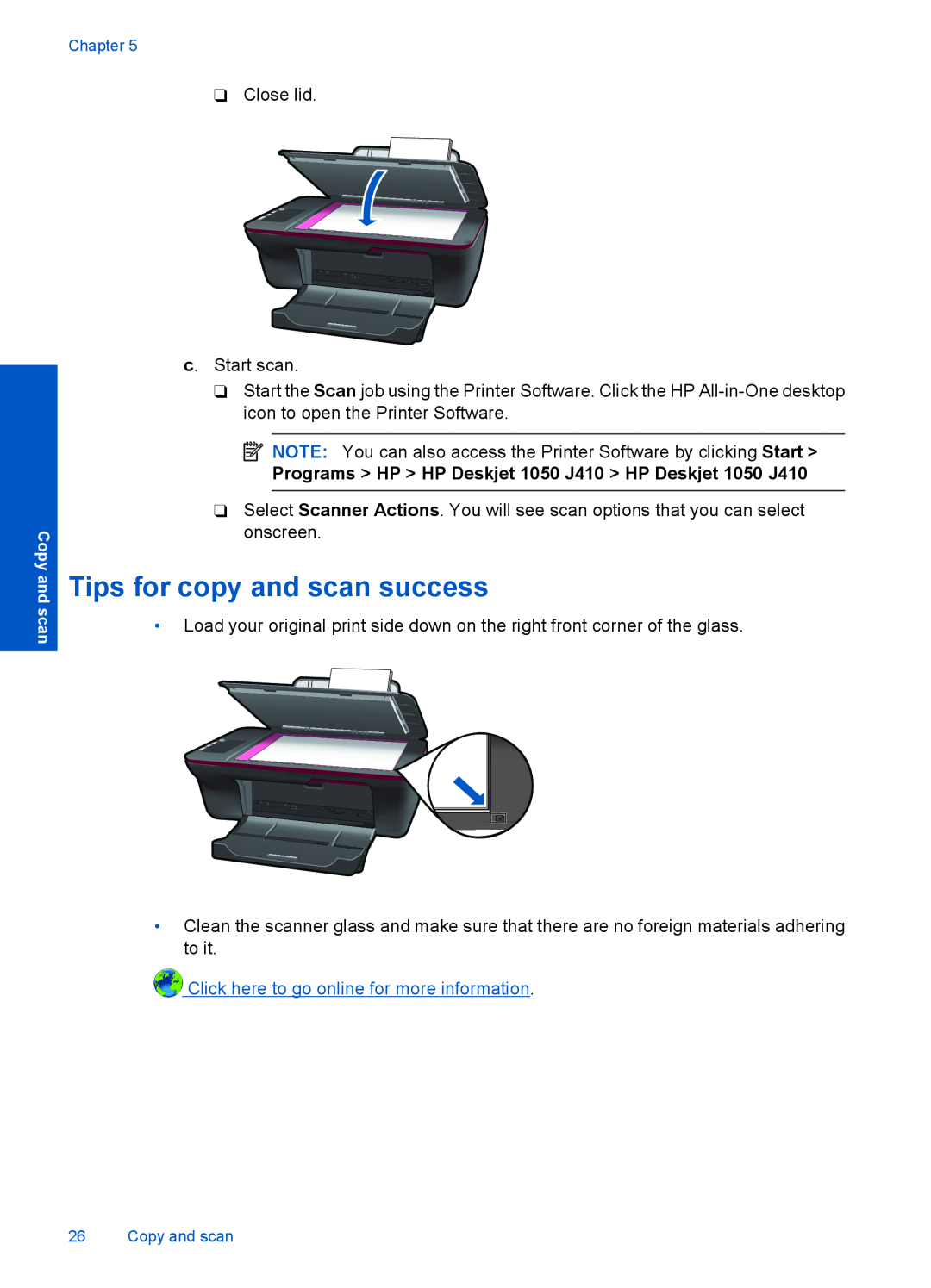 HP 1051, 1050 - J410a, 1056 - J410a Tips for copy and scan success, Programs HP HP Deskjet 1050 J410 HP Deskjet 1050 J410 