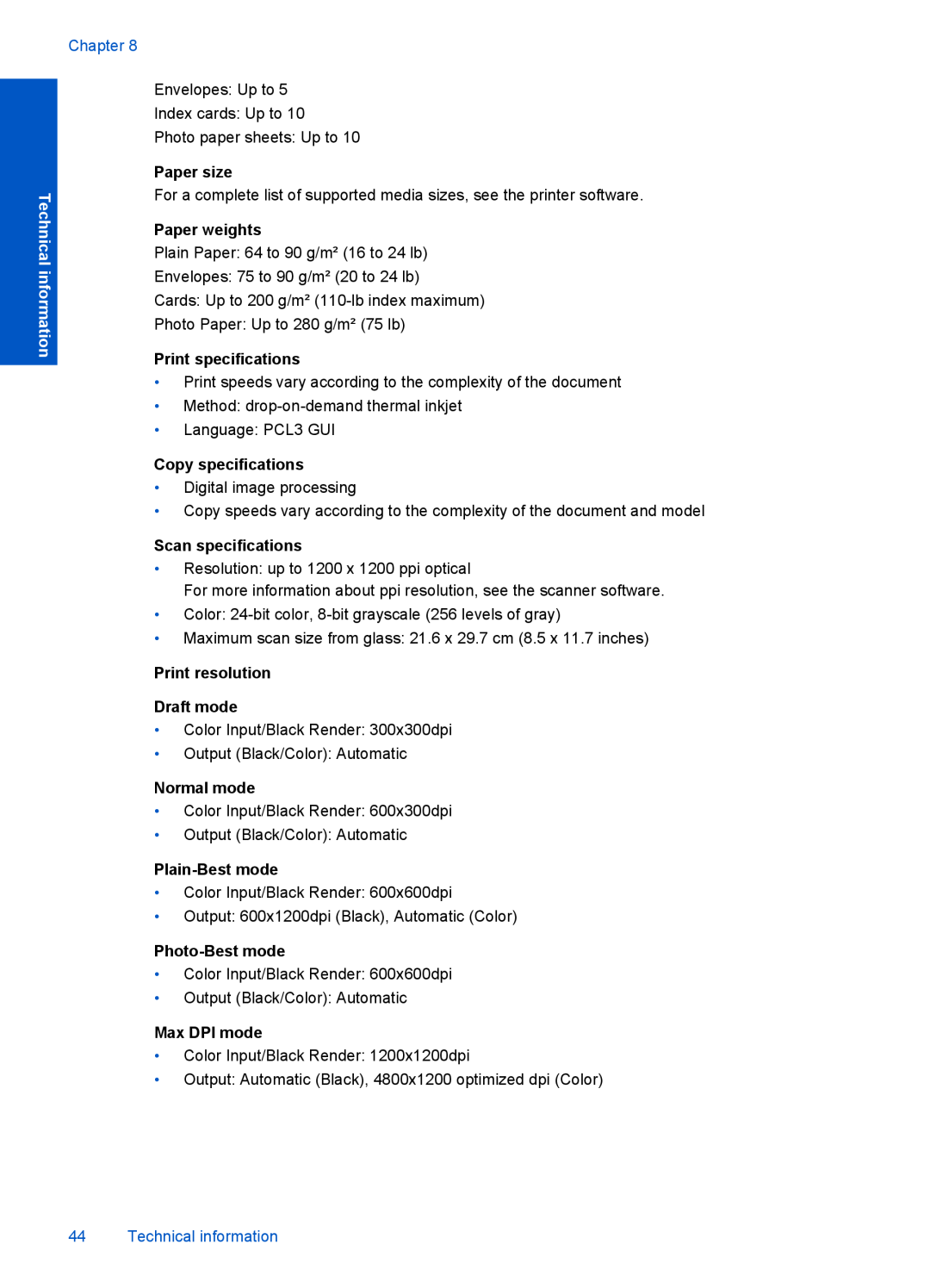 HP 1056 - J410a, 1051 Chapter, Technical information, Paper size, Paper weights, Print specifications, Copy specifications 