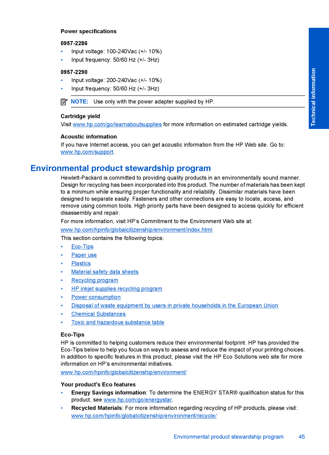 HP 1055 - J410e Environmental product stewardship program, Power specifications 0957-2286, 0957-2290, Cartridge yield 