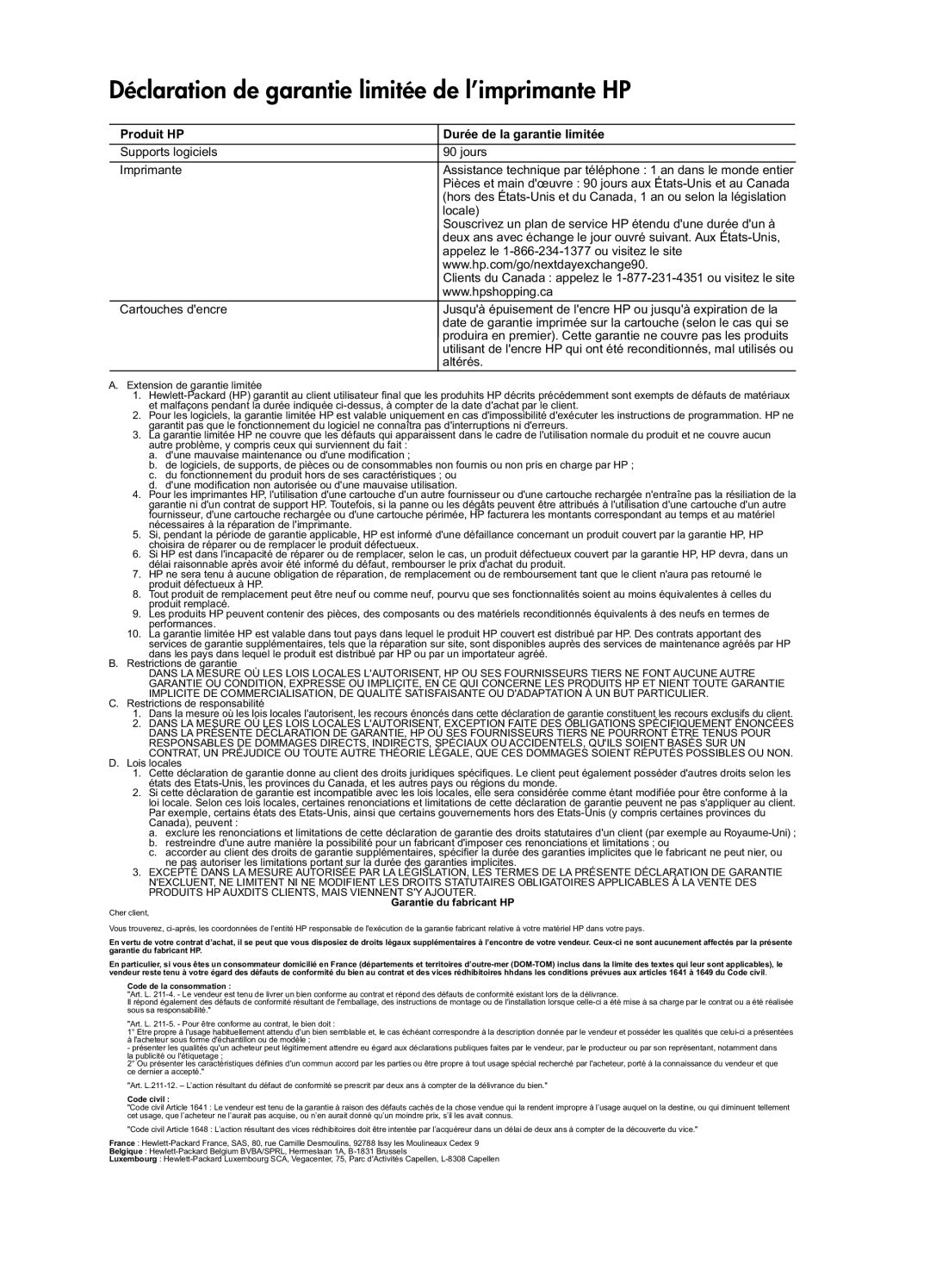 HP 1051, 1050 - J410a manual Déclaration de garantie limitée de l’imprimante HP, Produit HP Durée de la garantie limitée 