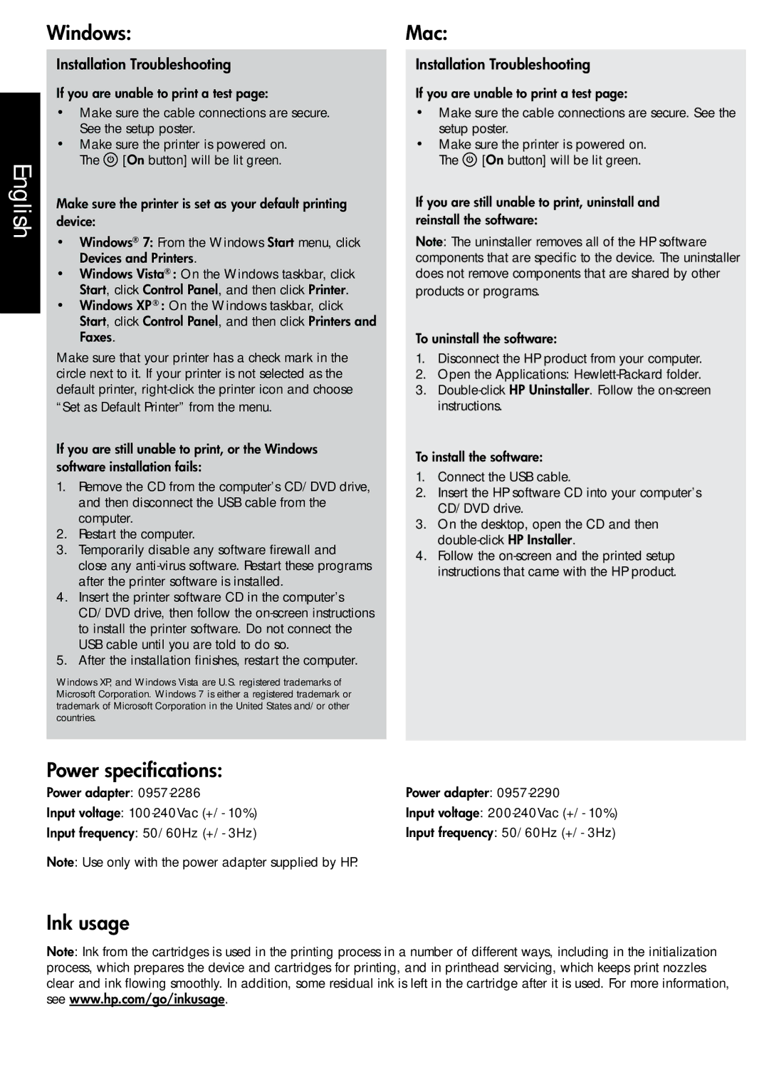 HP 2050 - J510c, 1051, 1050 - J410a, 2050 - J510a, 1056 - J410a Power specifications, Ink usage, Installation Troubleshooting 