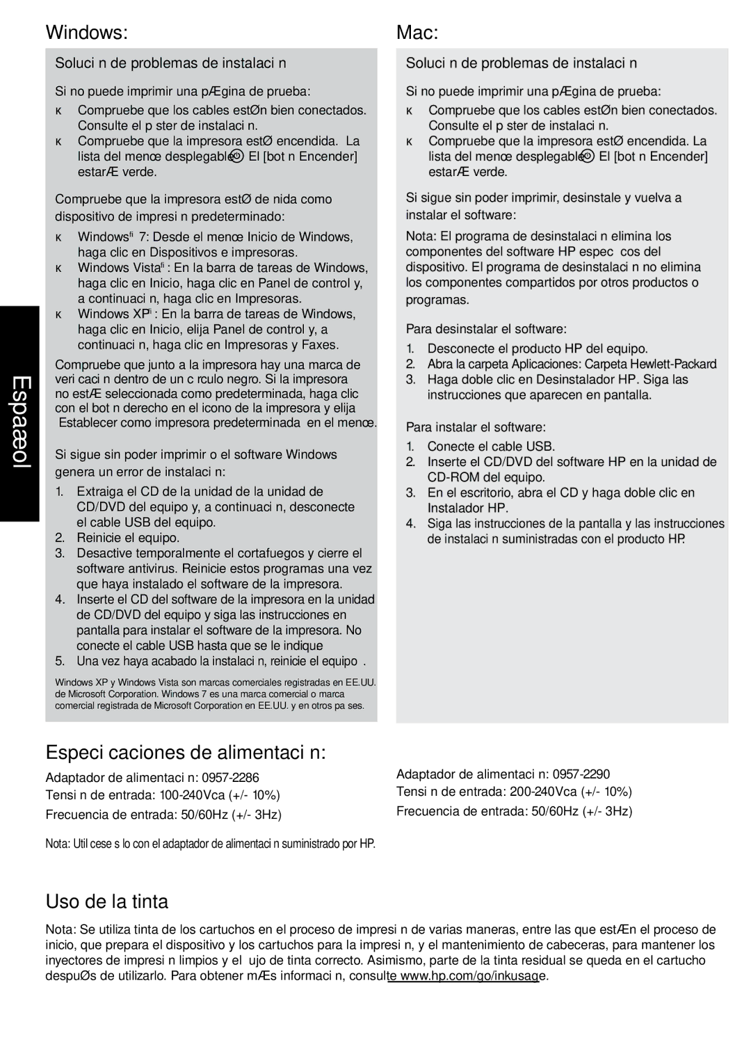 HP 1051, 1050 - J410a, 2050 - J510c Especificaciones de alimentación, Uso de la tinta, Solución de problemas de instalación 