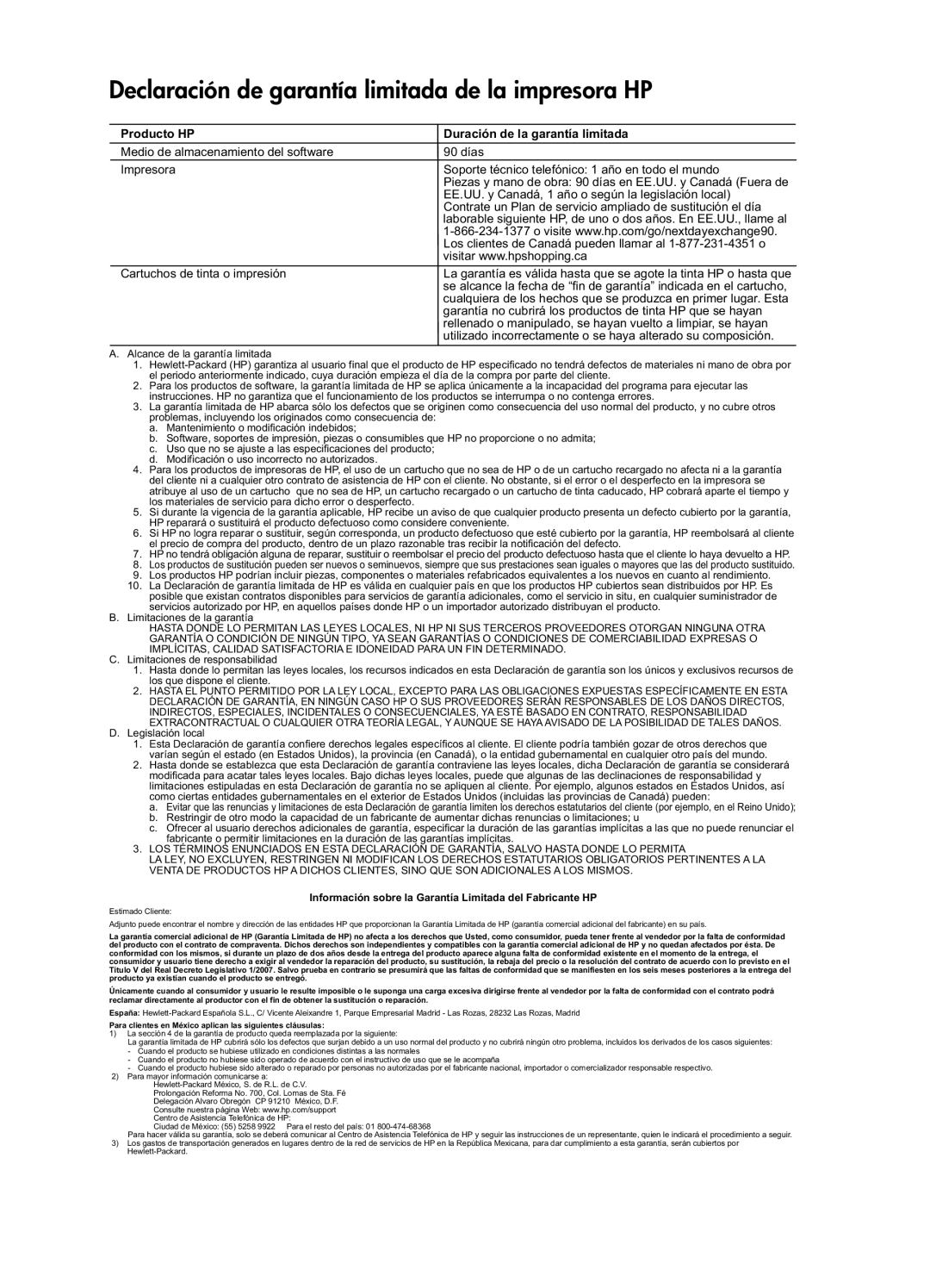 HP 2050 - J510c, 1051 Declaración de garantía limitada de la impresora HP, Producto HP Duración de la garantía limitada 