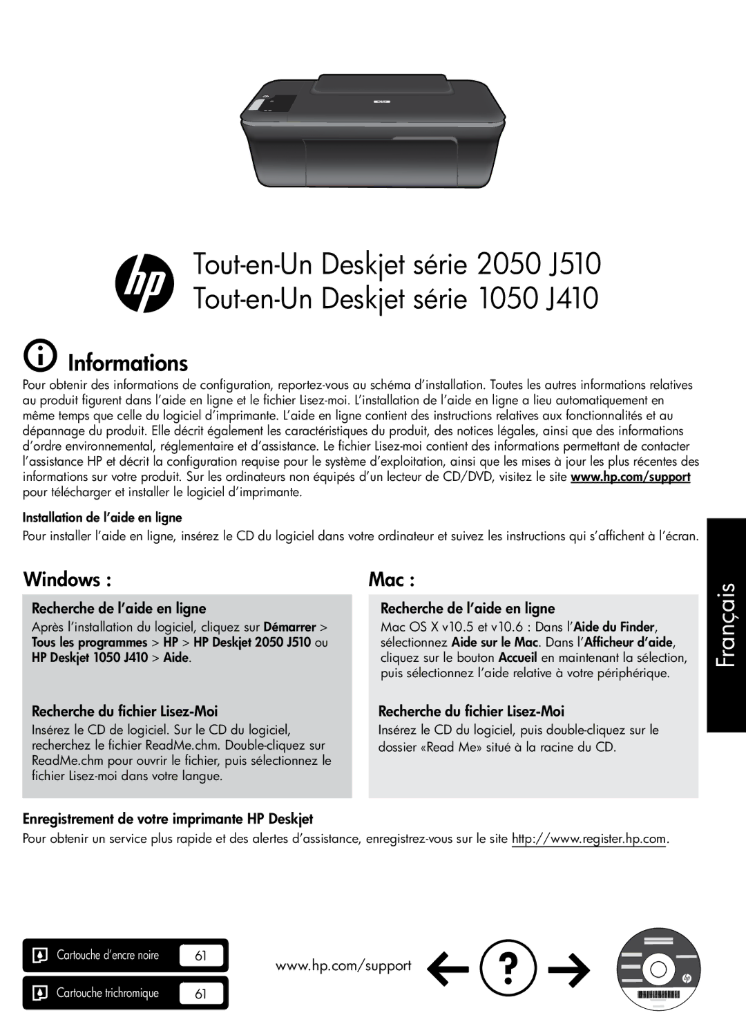 HP 2050 - J510a, 1051, 1050 - J410a, 2050 - J510c Informations, Recherche de l’aide en ligne, Recherche du fichier Lisez-Moi 