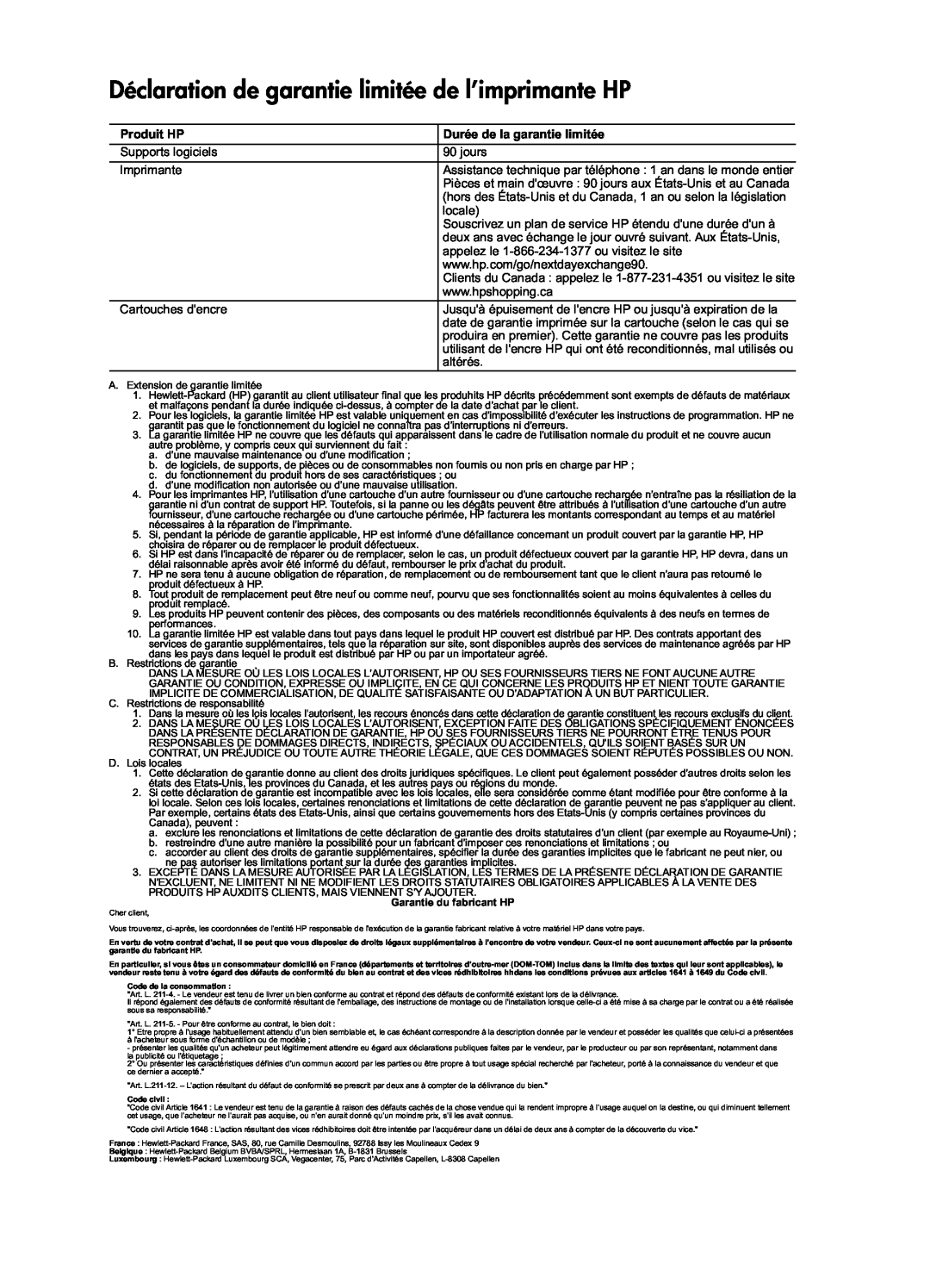 HP 1051, 1050 - J410a manual Déclaration de garantie limitée de l’imprimante HP, Produit HP, Durée de la garantie limitée 