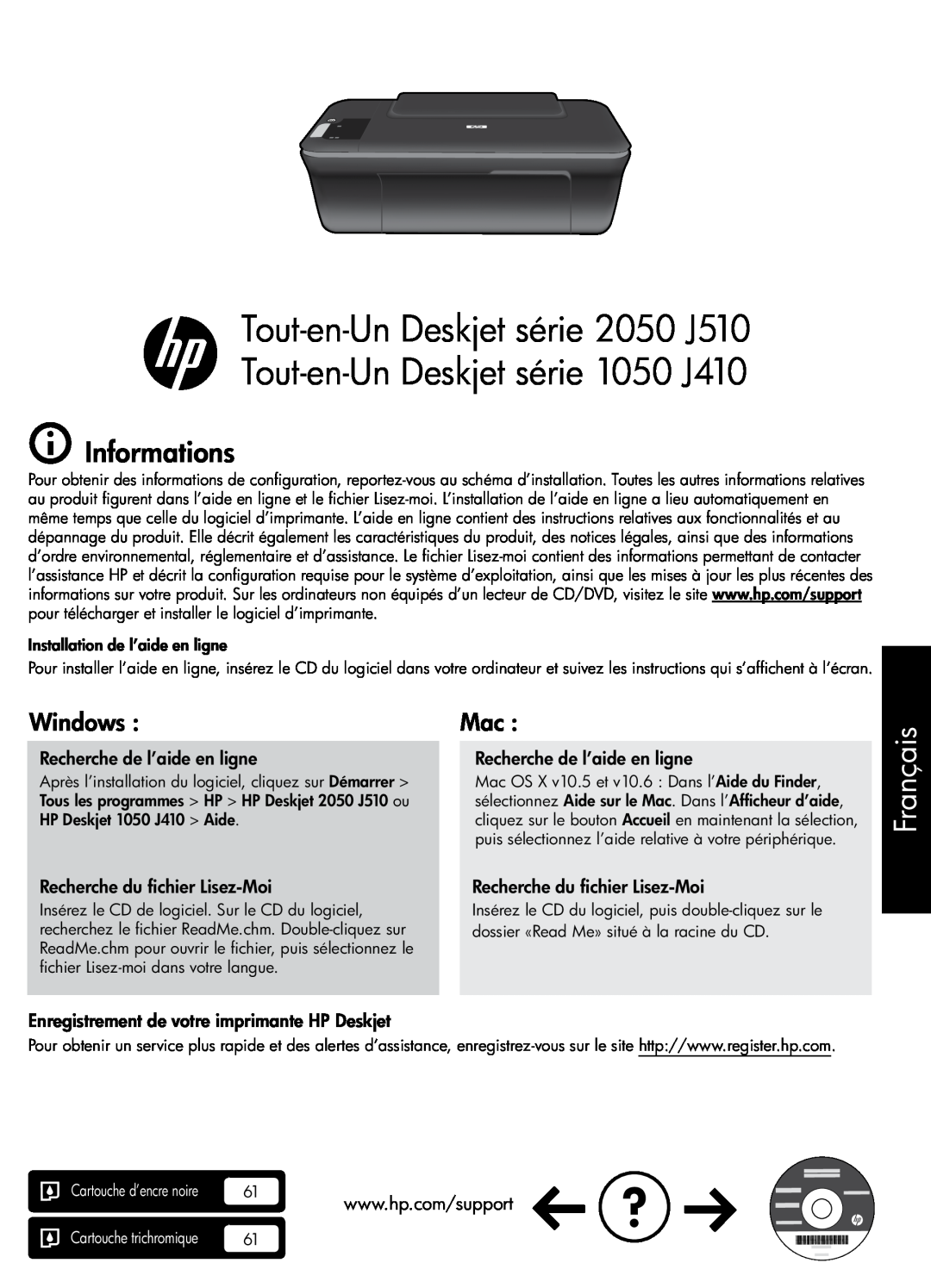 HP 2050 - J510a Tout-en-Un Deskjet série 2050 J510 Tout-en-Un Deskjet série 1050 J410, Français, Informations, Windows 