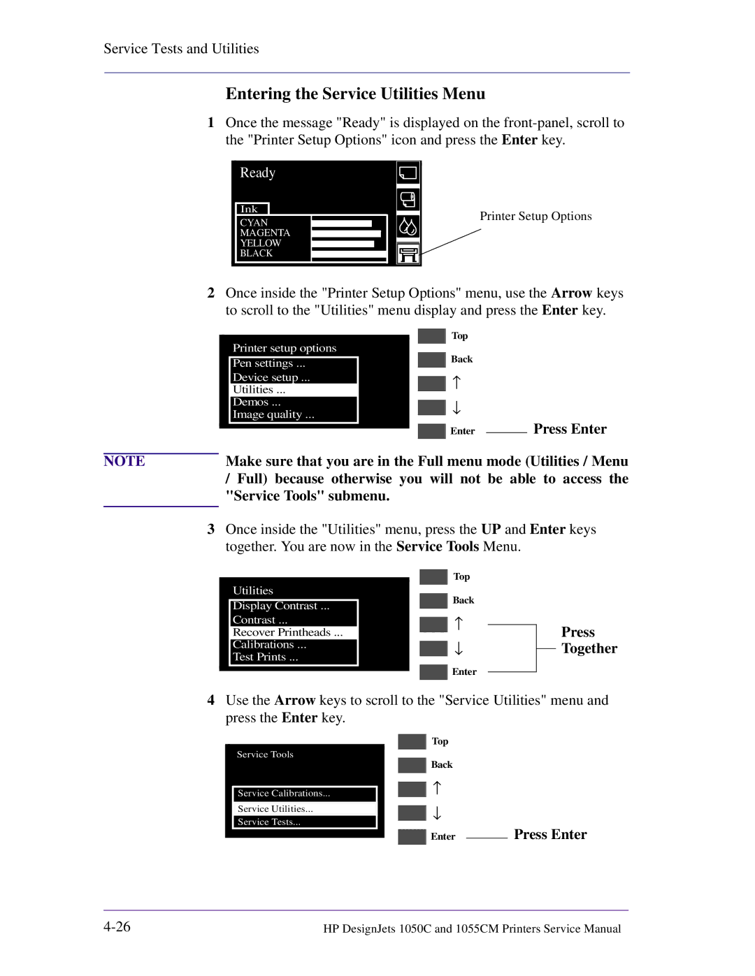 HP 1055CM manual Entering the Service Utilities Menu 