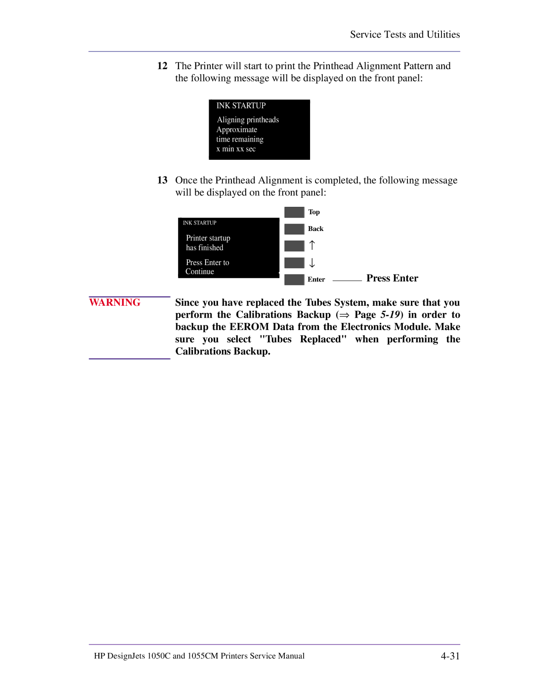 HP 1055CM Perform the Calibrations Backup ⇒ Page 5-19 in order to, Backup the Eerom Data from the Electronics Module. Make 