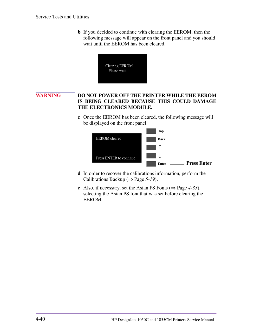 HP 1055CM manual Once the Eerom has been cleared, the following message will, Be displayed on the front panel 