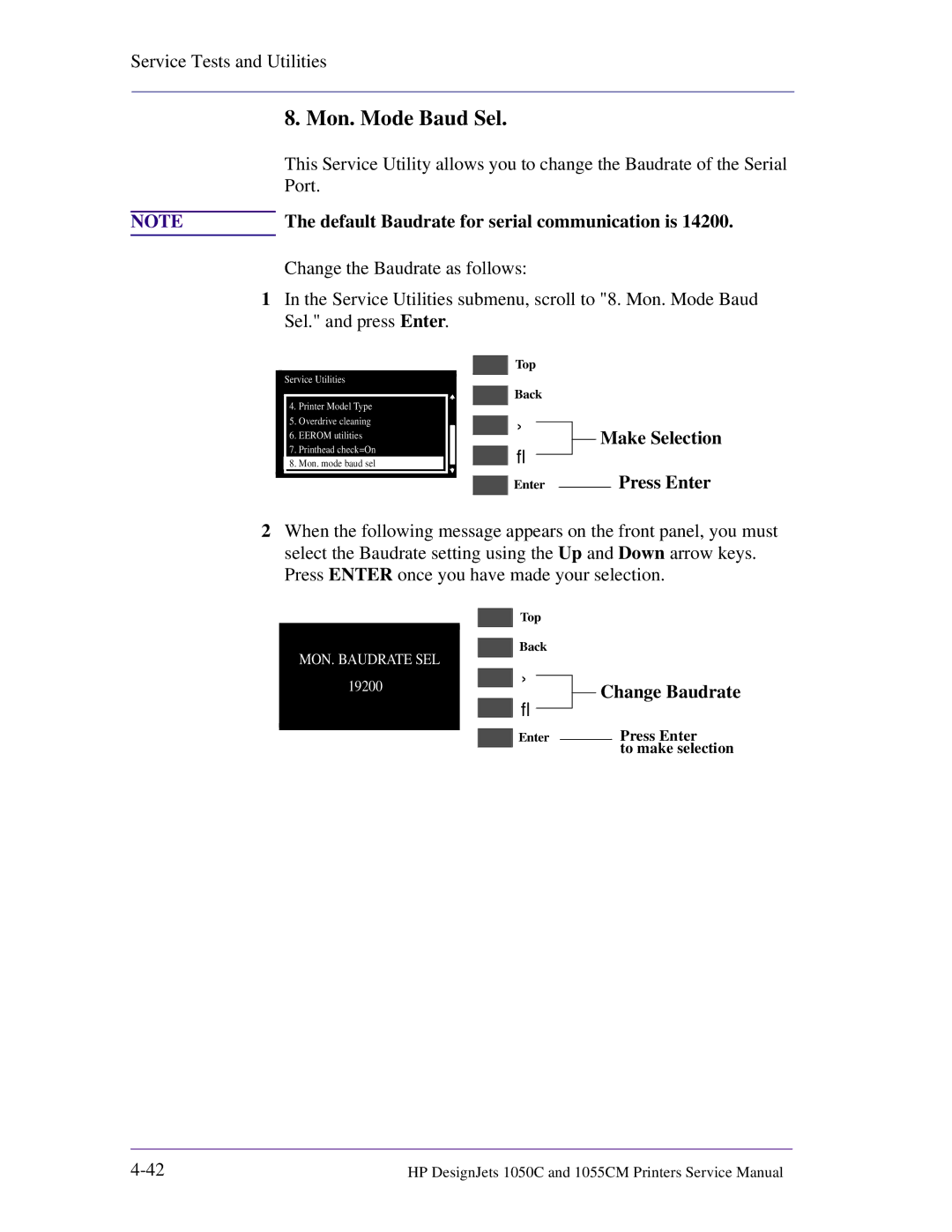 HP 1055CM manual Mon. Mode Baud Sel, Default Baudrate for serial communication is, Change Baudrate 