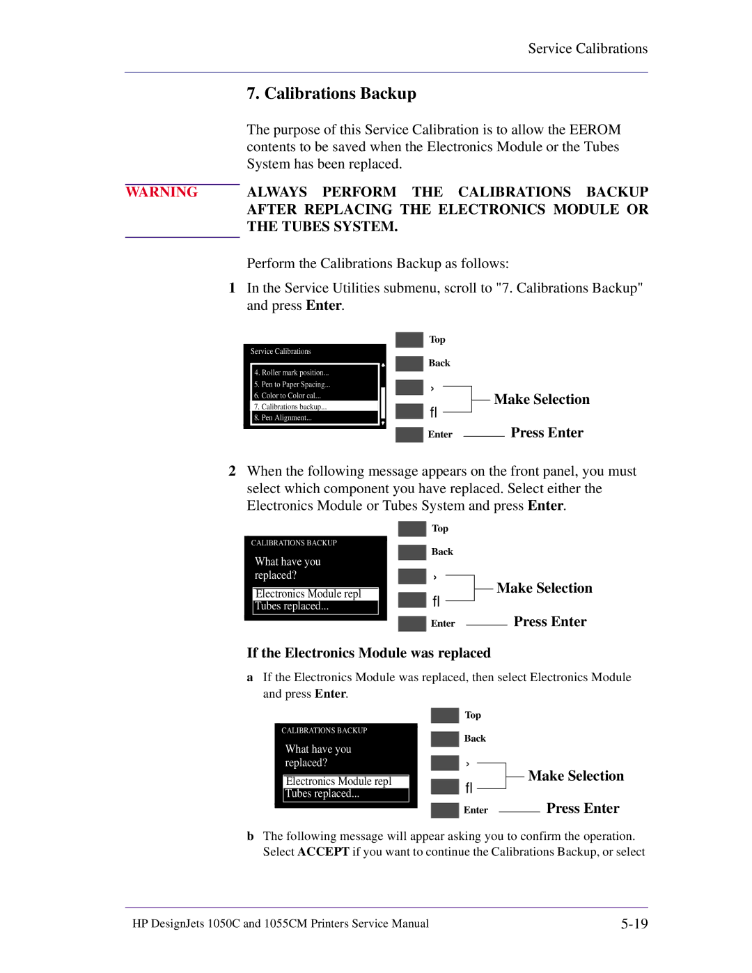 HP 1055CM manual Calibrations Backup, If the Electronics Module was replaced 