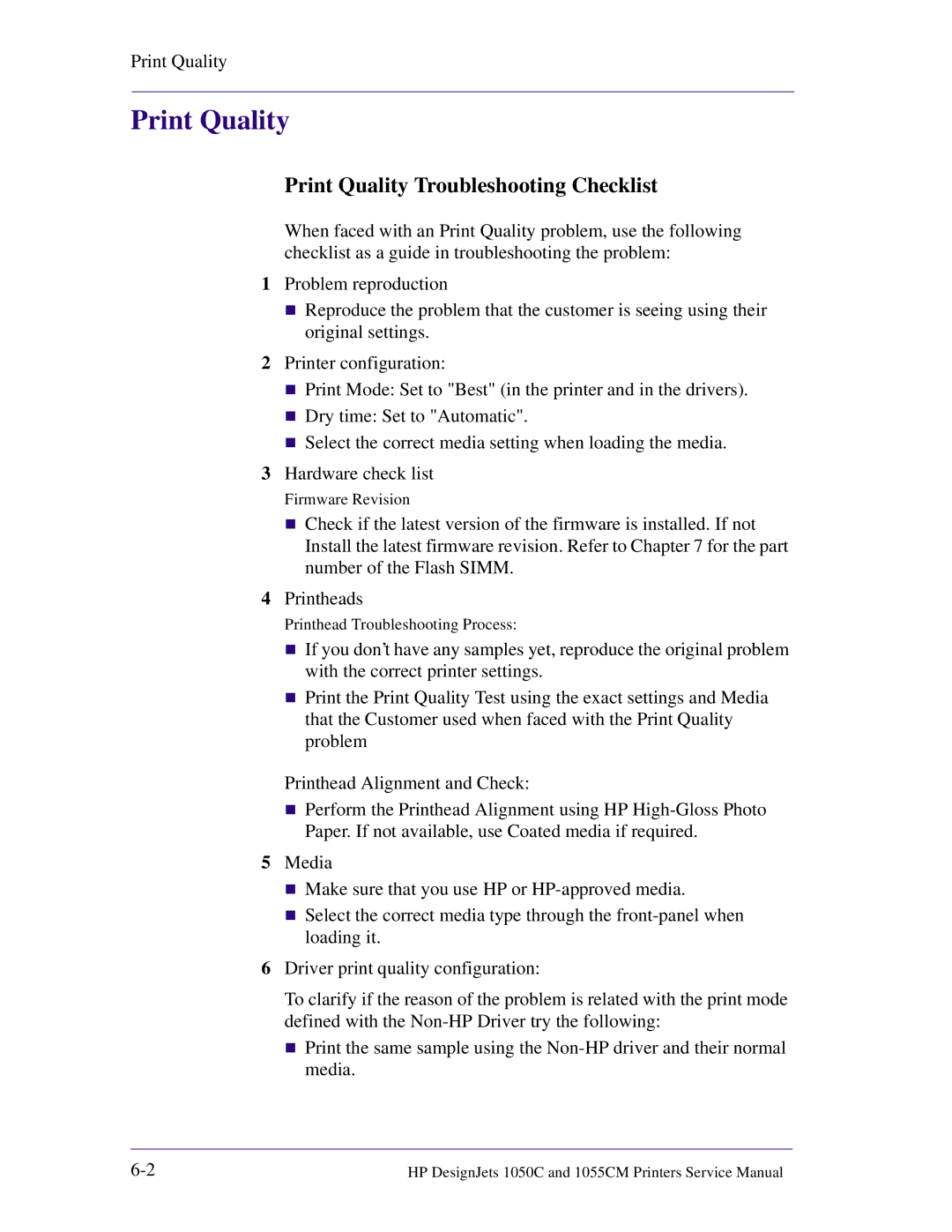 HP 1055CM manual Print Quality Troubleshooting Checklist 