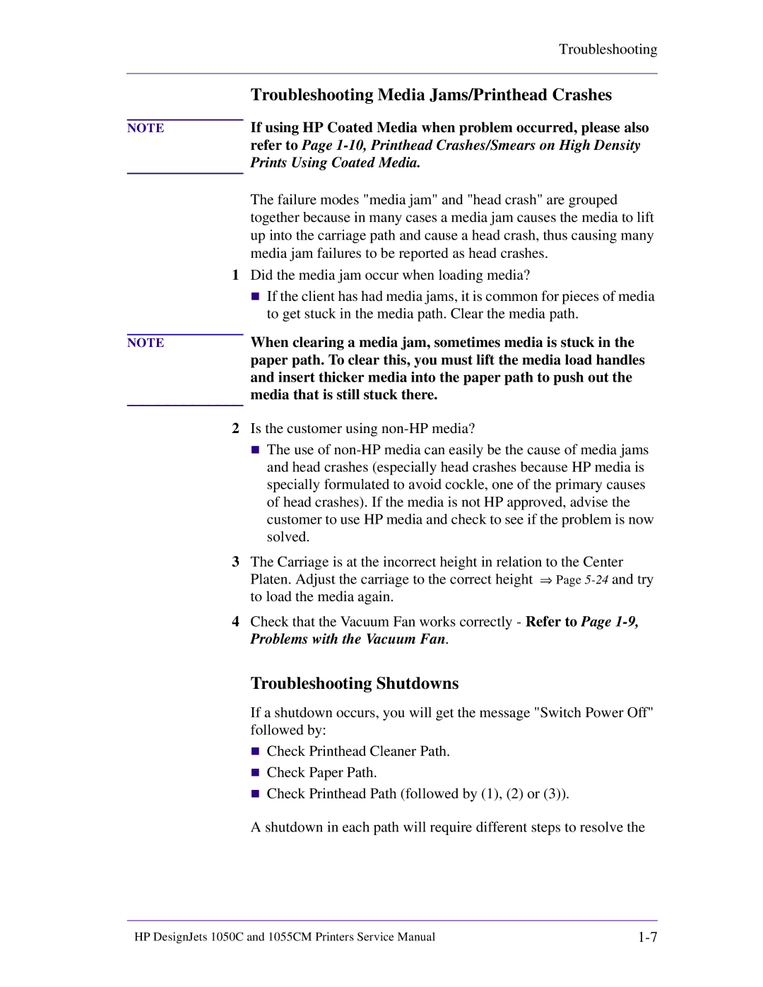 HP 1055CM manual Troubleshooting Media Jams/Printhead Crashes, Troubleshooting Shutdowns 