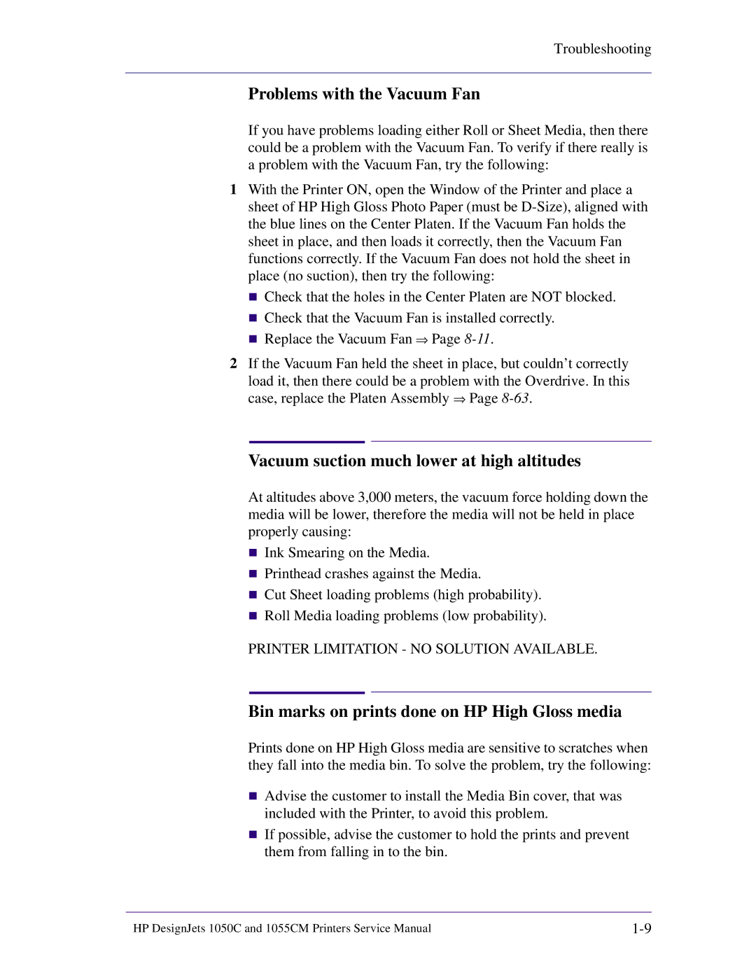 HP 1055CM manual Problems with the Vacuum Fan, Vacuum suction much lower at high altitudes 