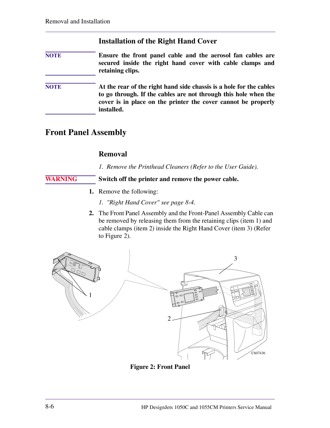 HP 1055CM manual Front Panel Assembly, Installation of the Right Hand Cover 