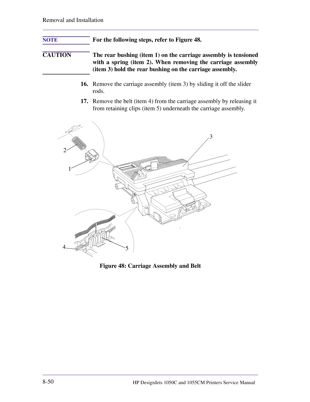 HP 1055CM Rear bushing item 1 on the carriage assembly is tensioned, Item 3 hold the rear bushing on the carriage assembly 