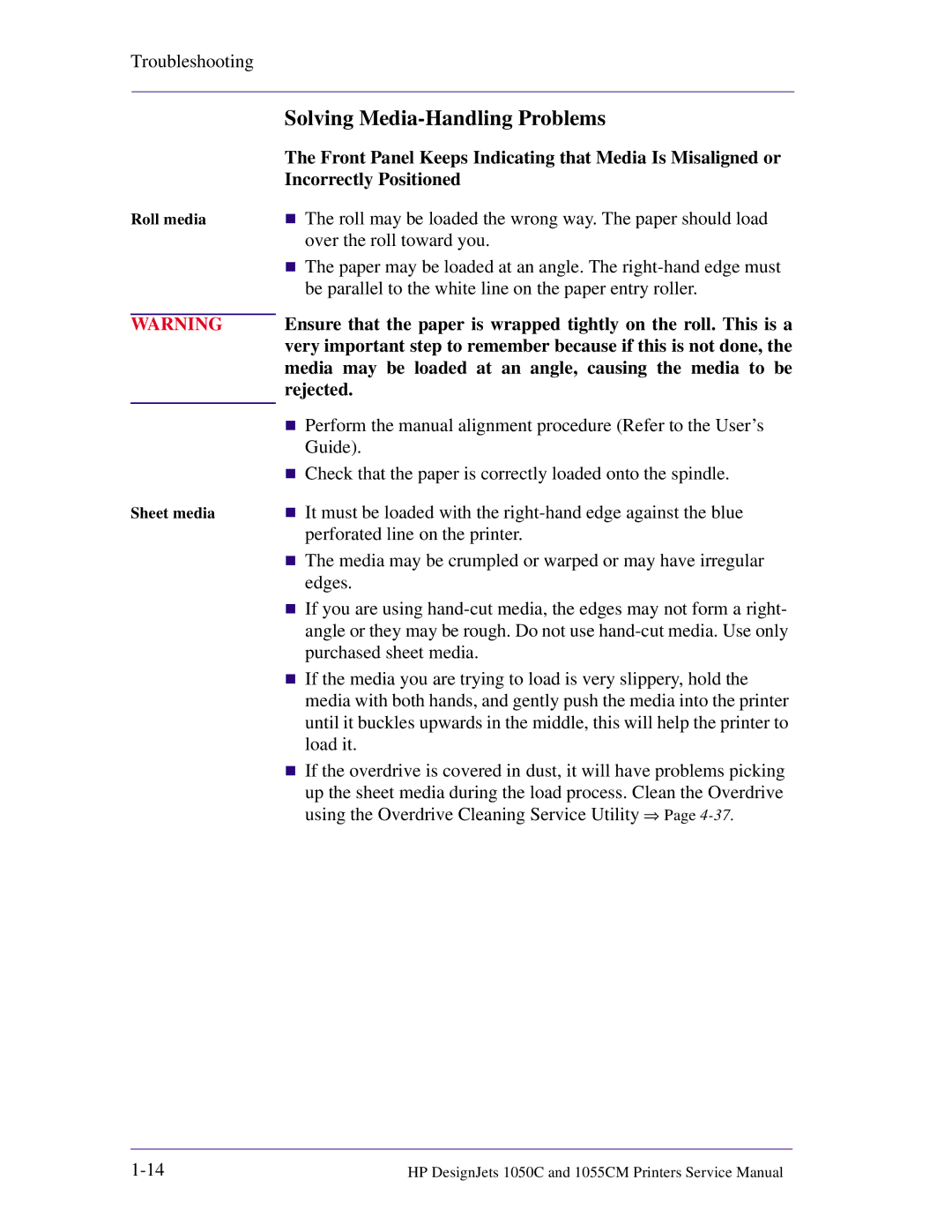 HP 1055CM manual Solving Media-Handling Problems, Front Panel Keeps Indicating that Media Is Misaligned or, Rejected 